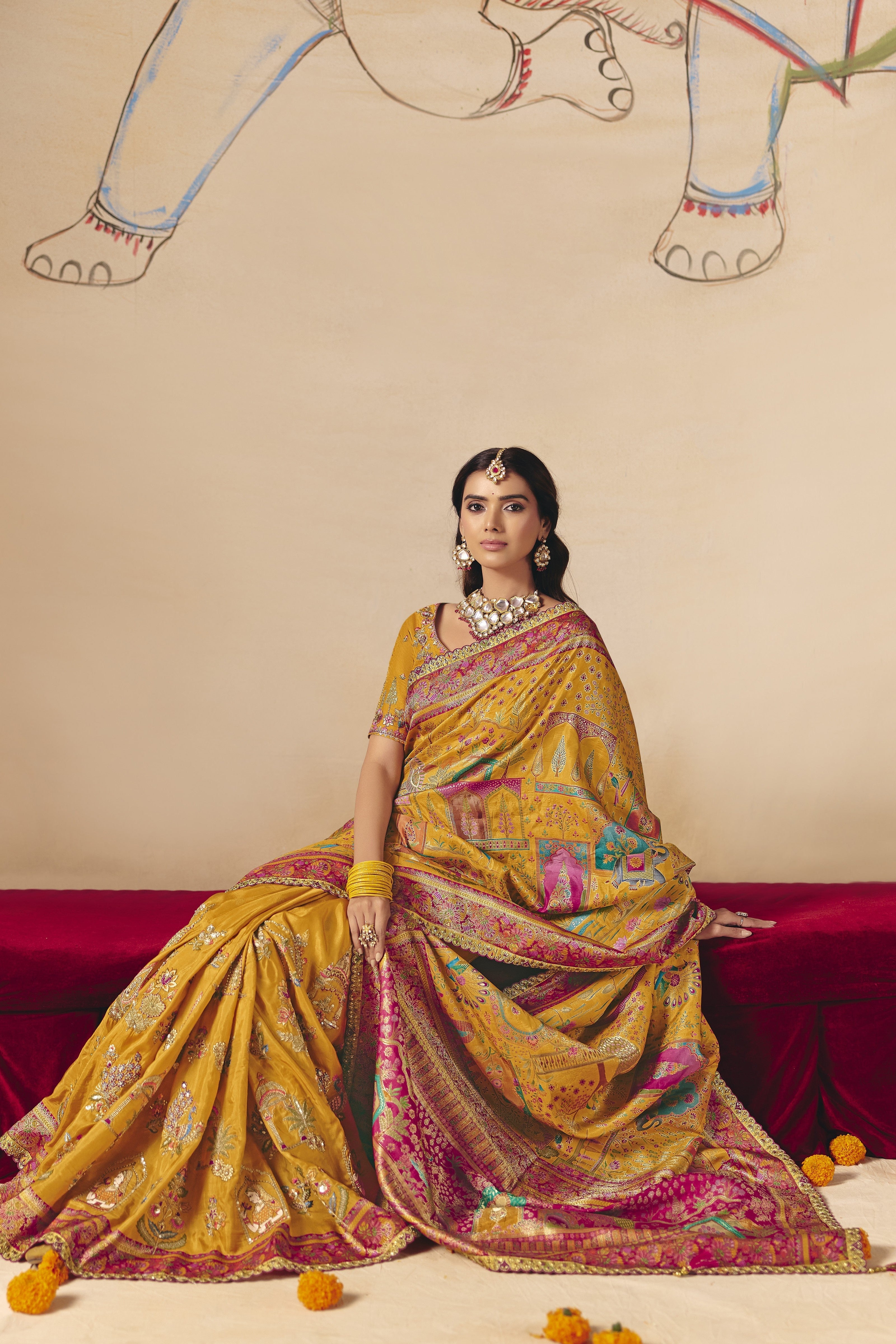 Mustard Gold Embellished Dola Silk Saree
