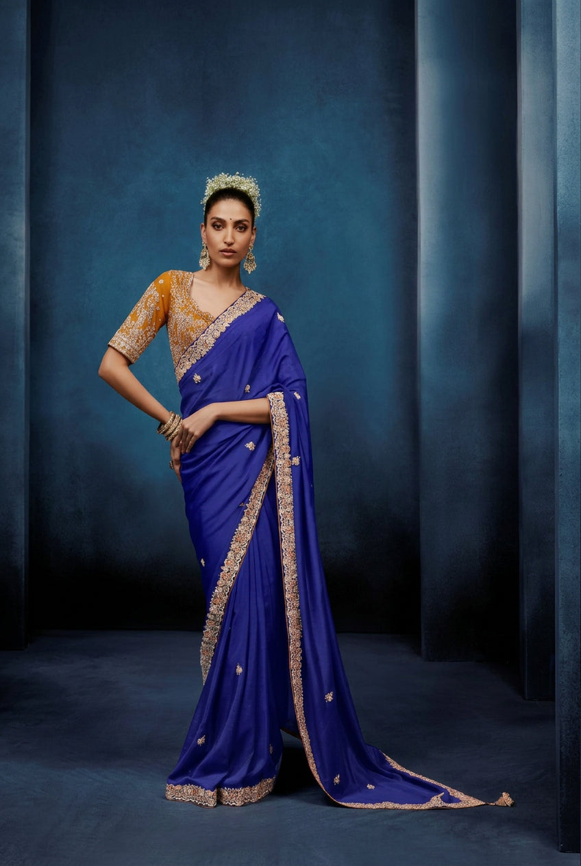 Royal Blue Embellished Crepe  Silk Saree