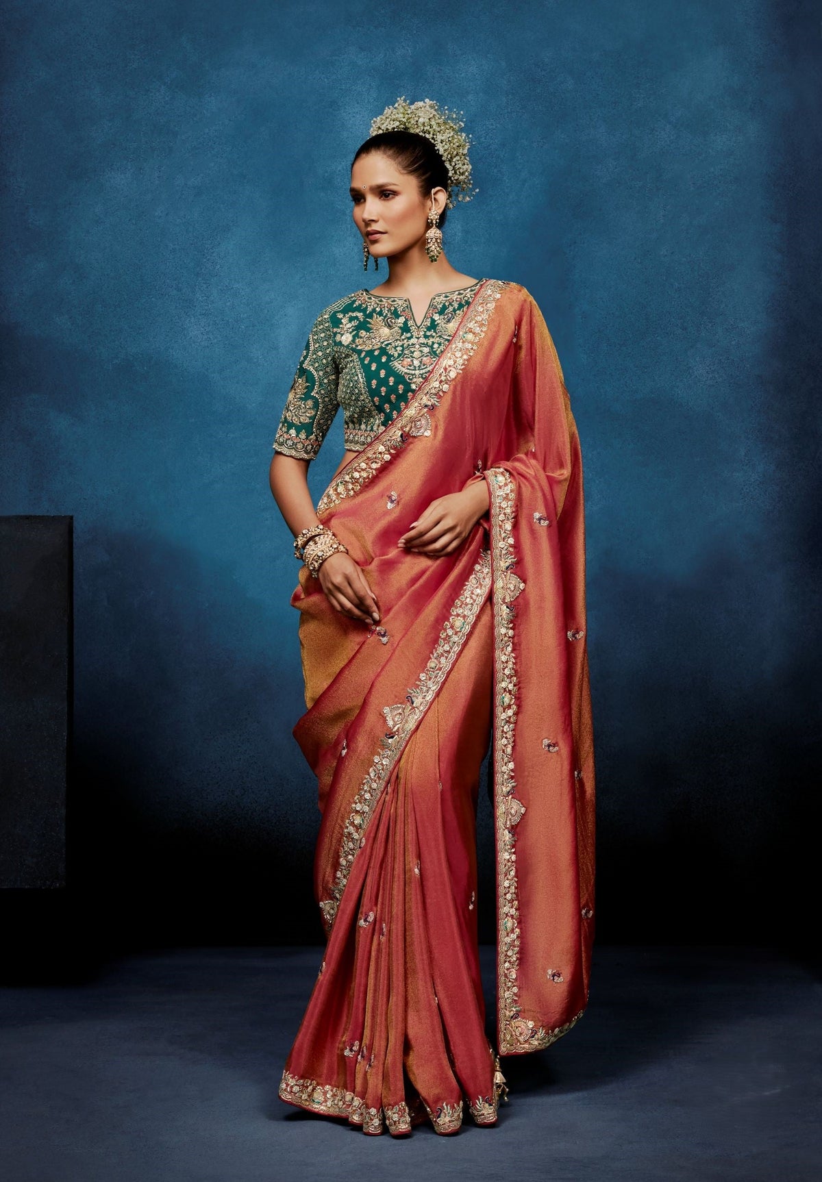 Coral Rust Embellished Tissue Silk Saree