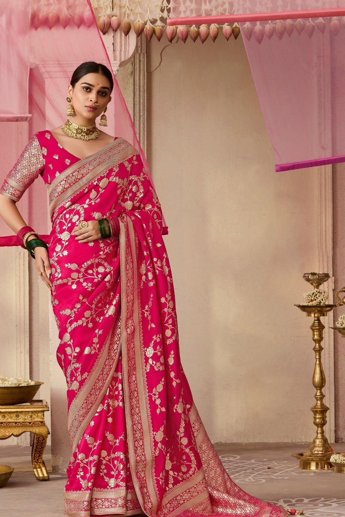 Rani Pink Woven Dola Silk Saree