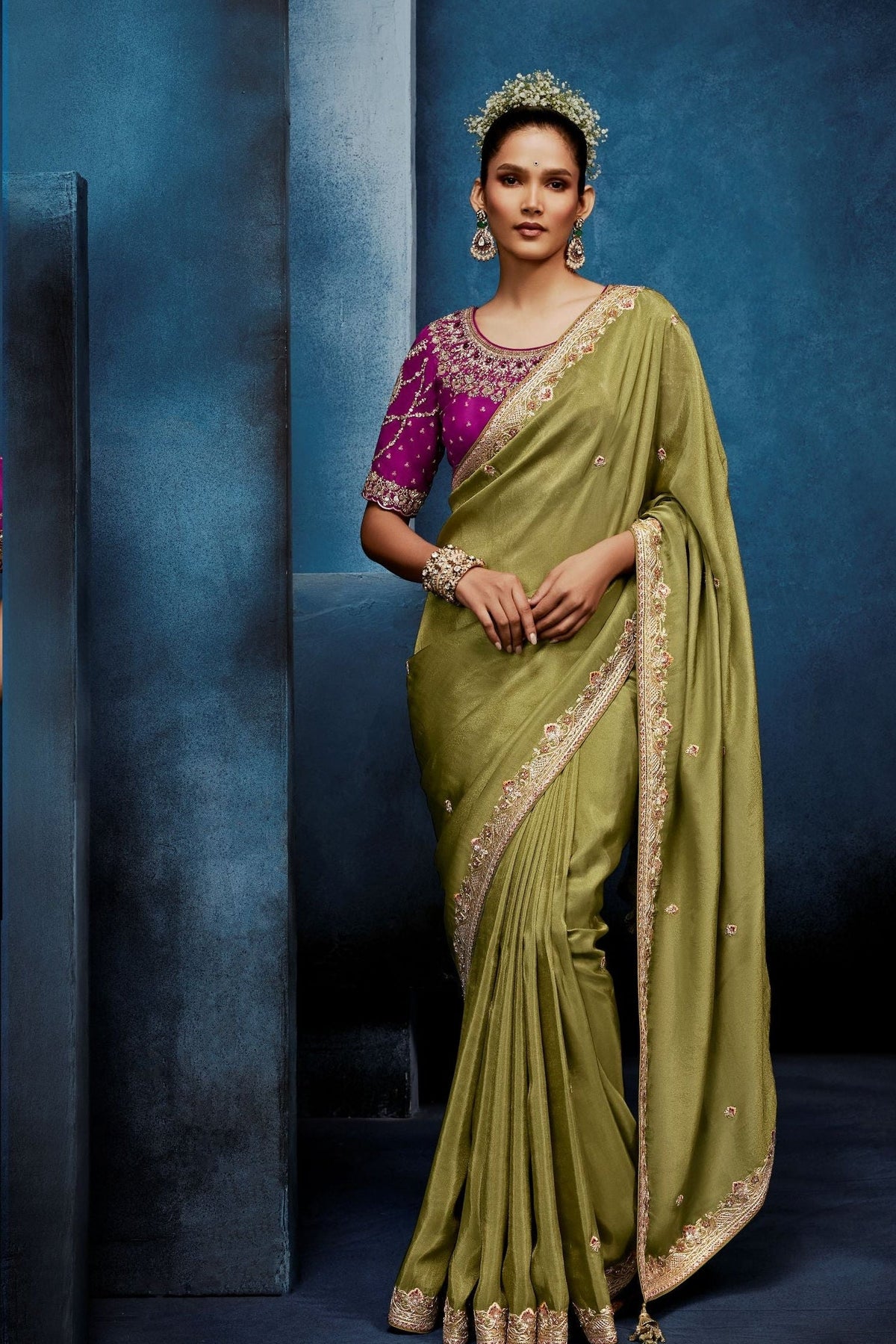 Olive Green Embellished Tissue Silk Saree