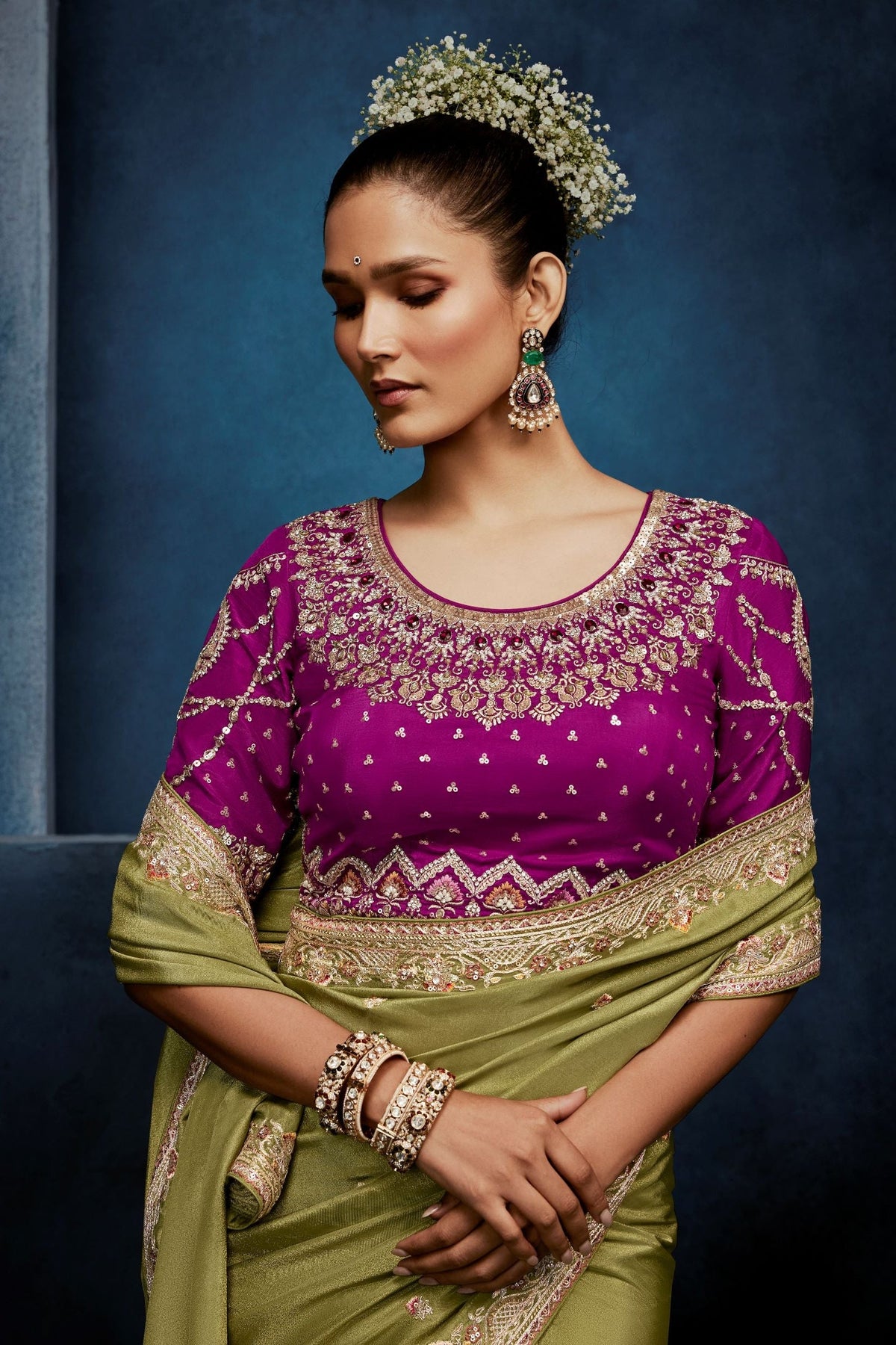 Olive Green Embellished Tissue Silk Saree