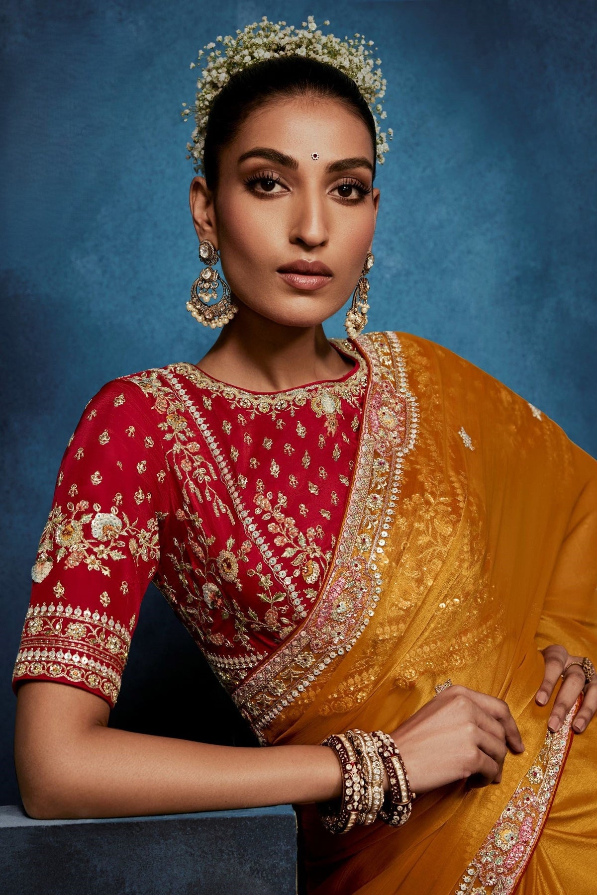 Marigold Yellow Embellished Tissue Silk Saree