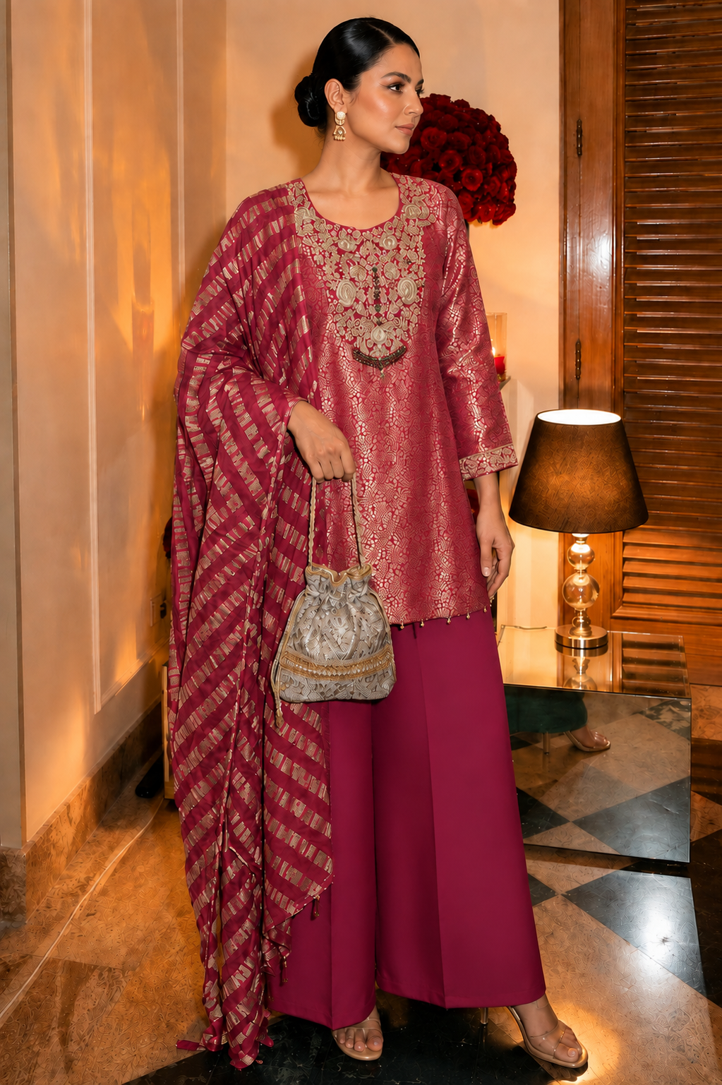 Rani Pink Embellished Brocade Silk Palazzo Set