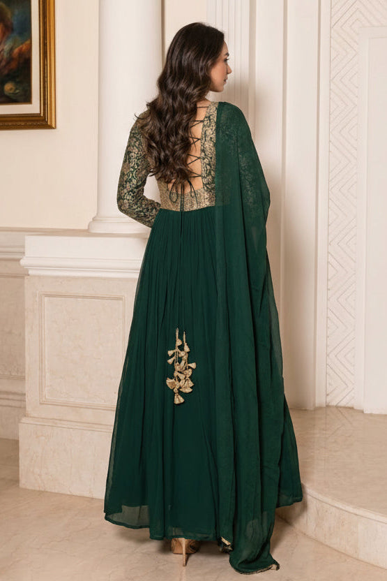 Bottle Green Embellished Georgette Silk Anarkali Set