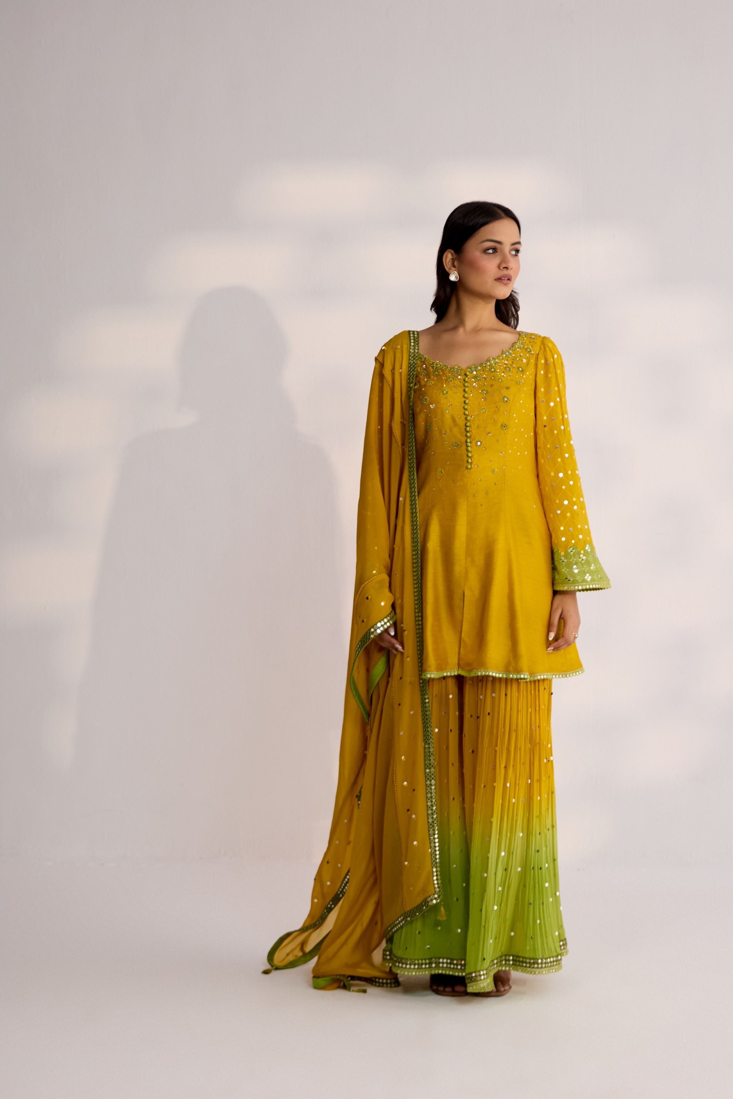 Yellow Ombre-Dyed Georgette Silk Sharara Set