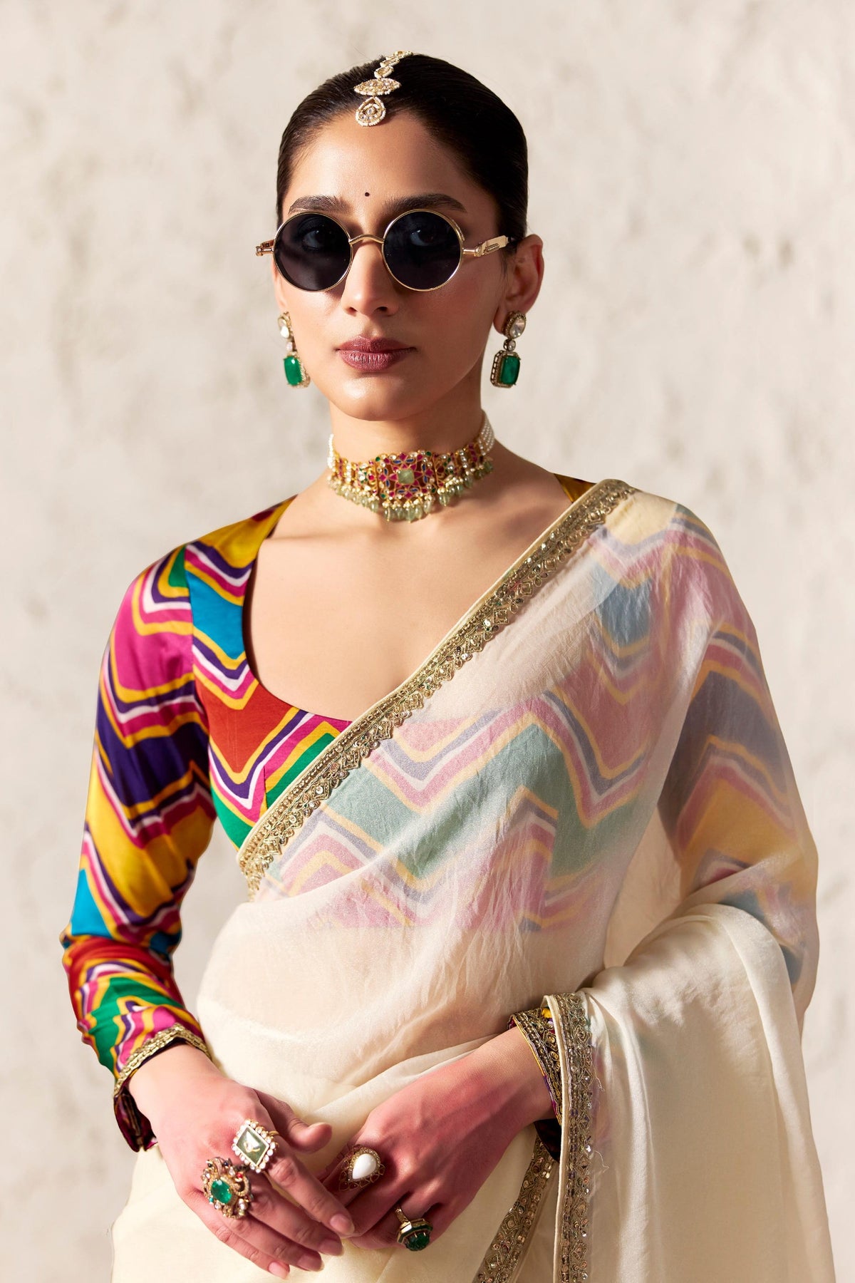 Ivory Pearl Embellished Organza Silk Saree