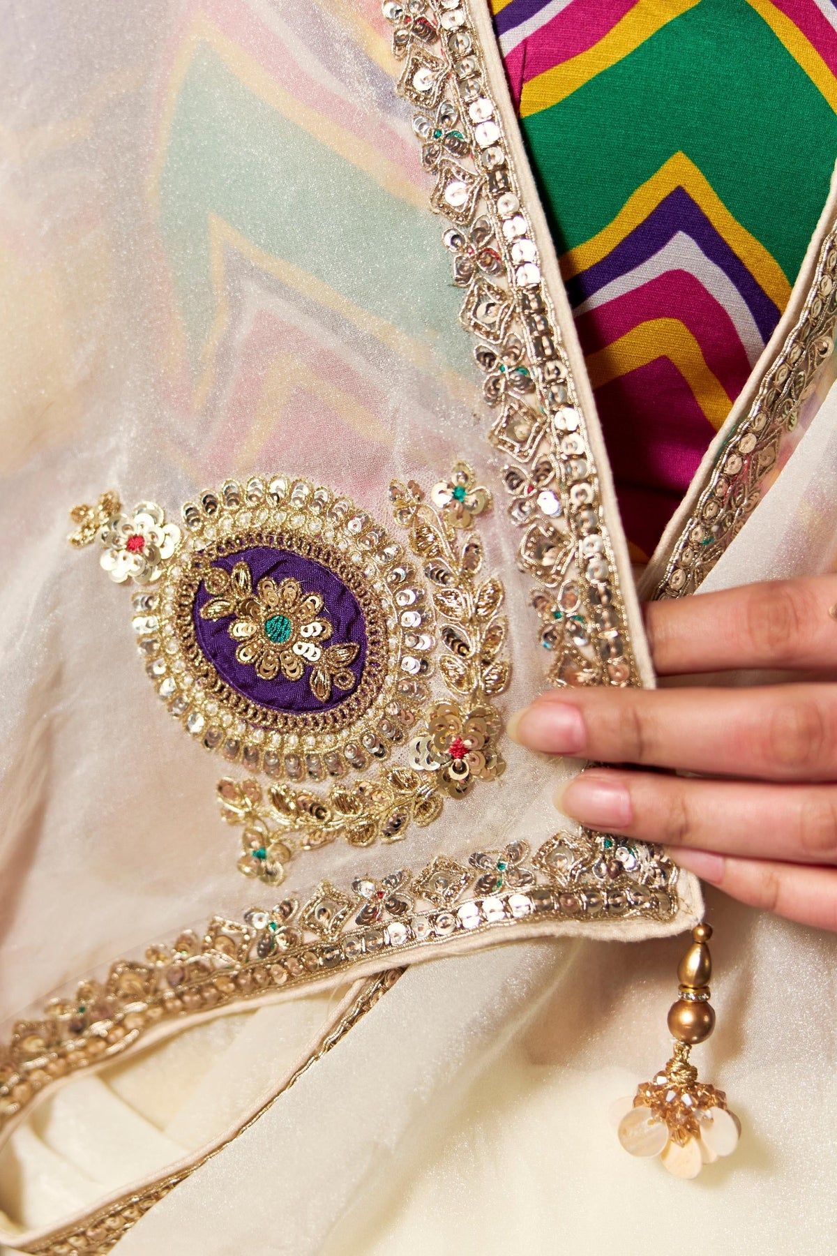 Ivory Pearl Embellished Organza Silk Saree
