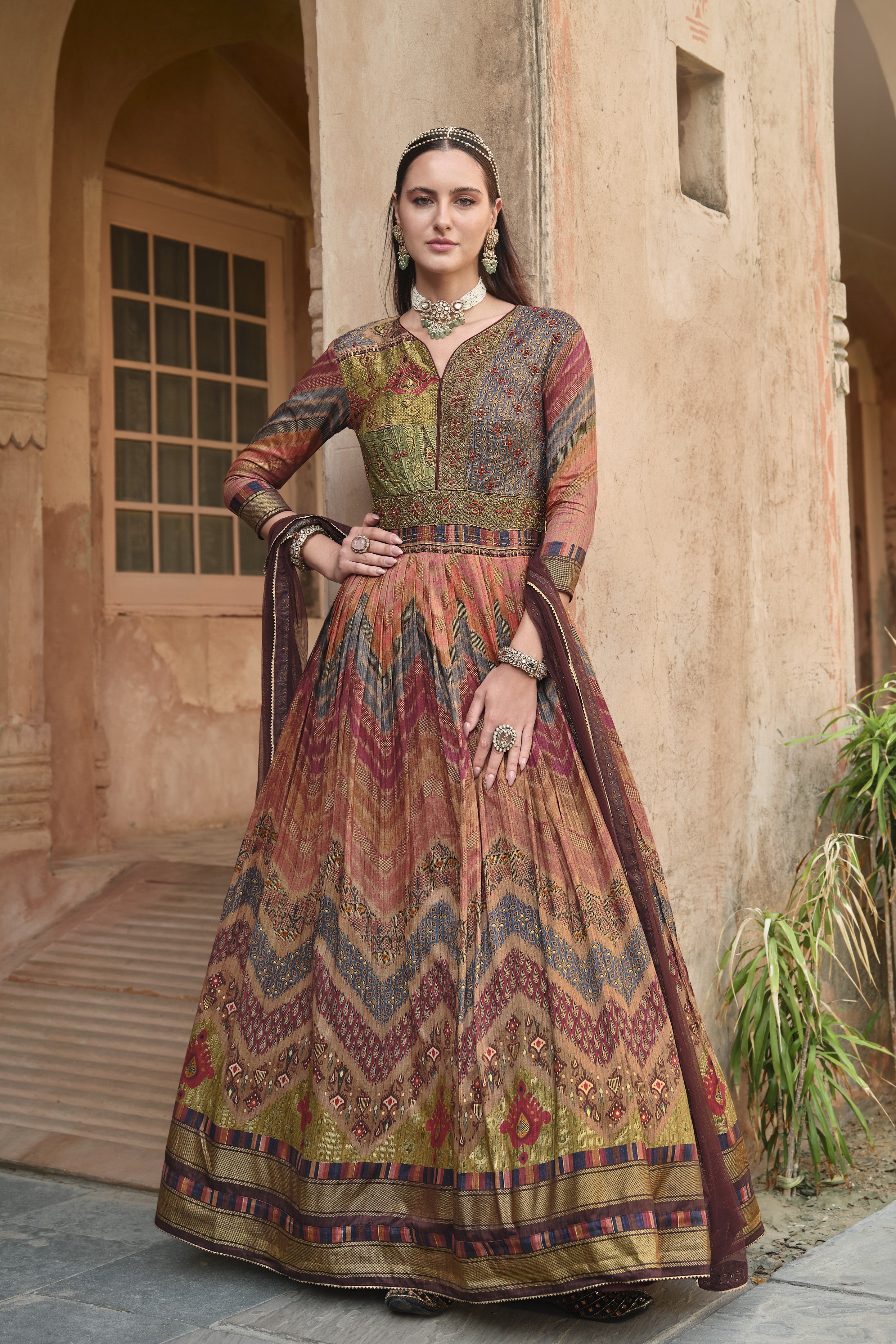 Brown Floral Printed Premium Silk Anarkali Set