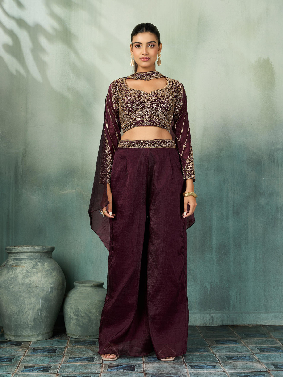 Deep Plum Embellished Shimmer Silk Palazzo Set