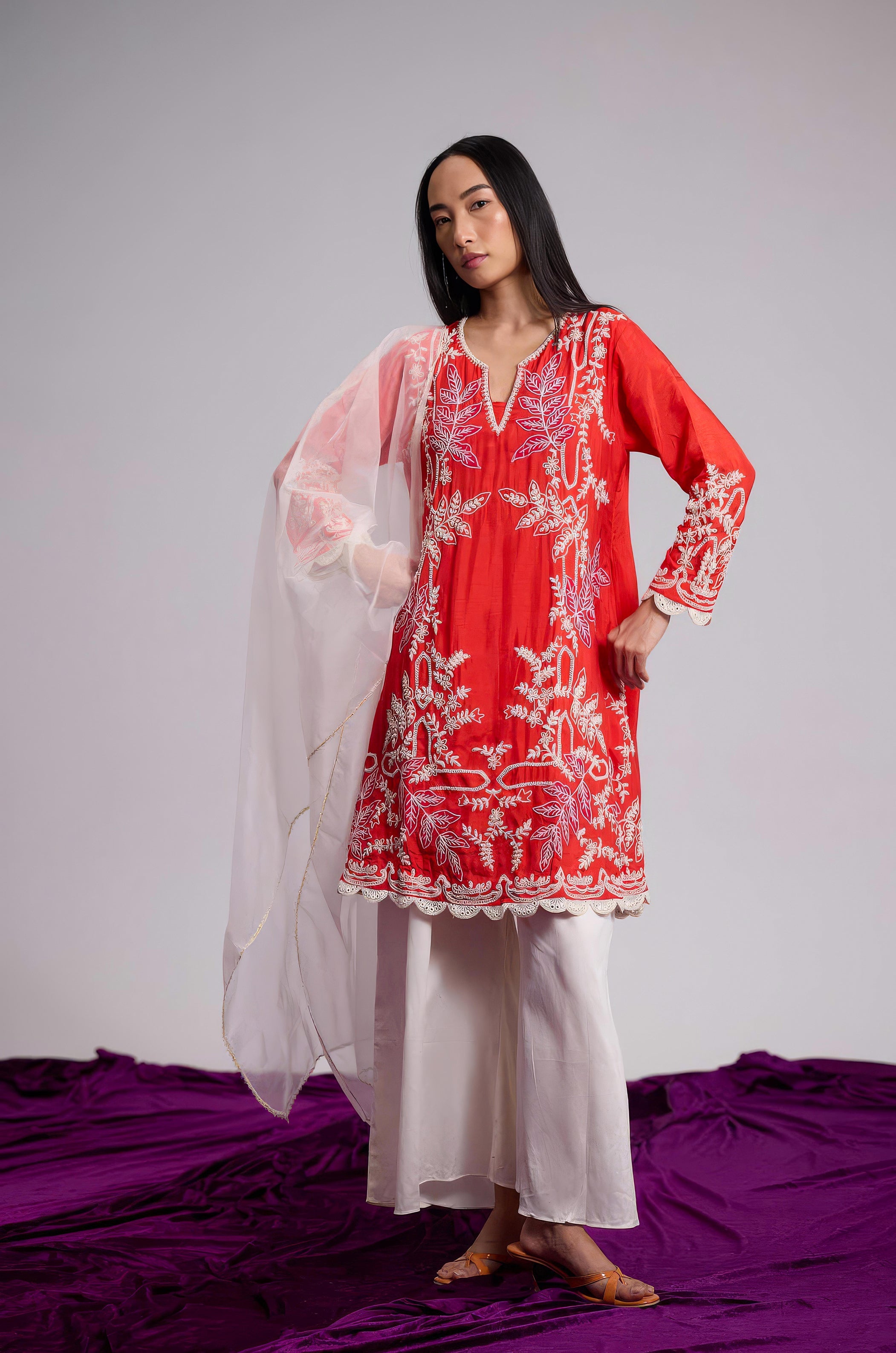 Scarlet Orange Embellished Raw Silk Palazzo Set