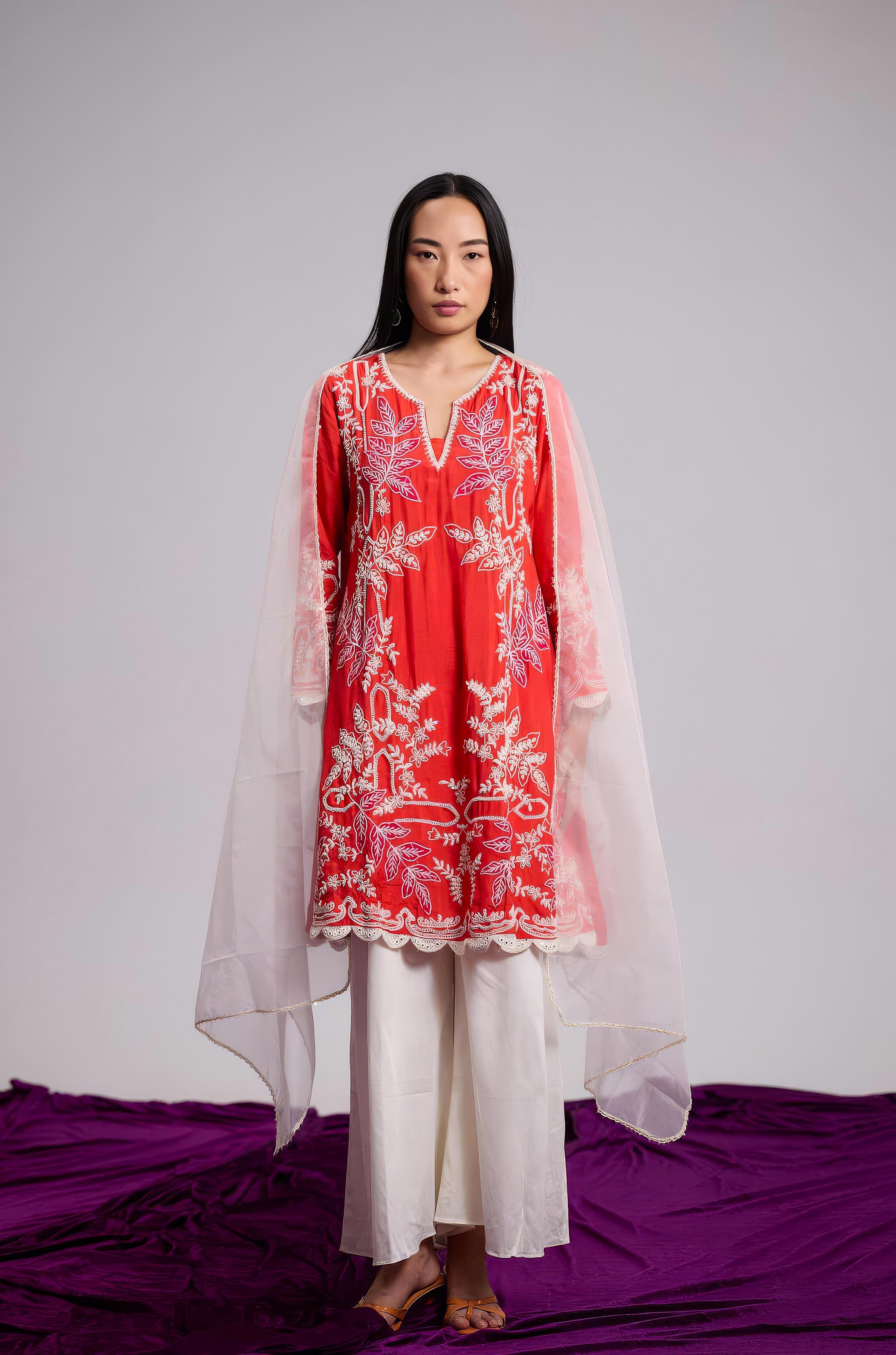 Scarlet Orange Embellished Raw Silk Palazzo Set
