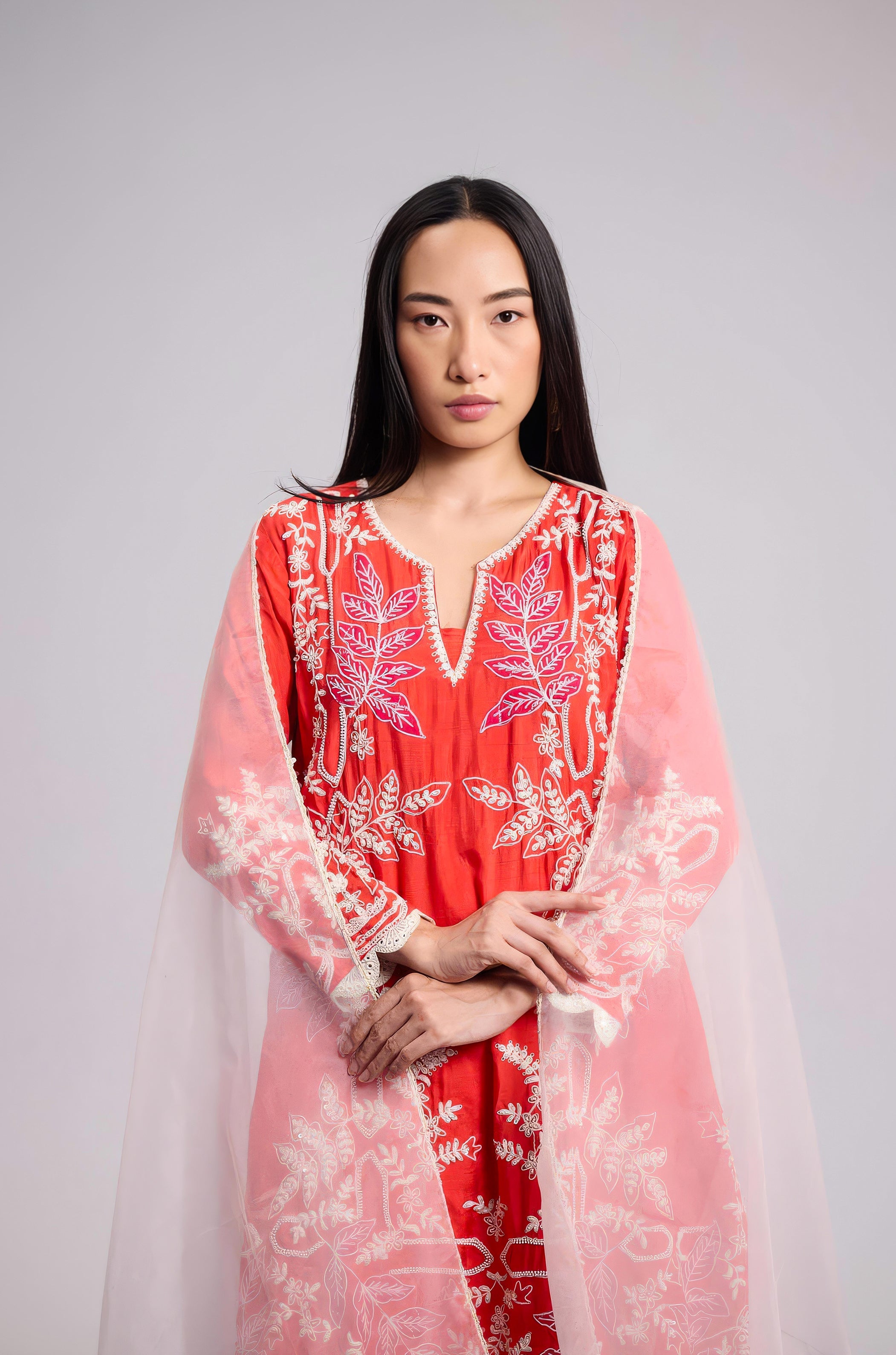 Scarlet Orange Embellished Raw Silk Palazzo Set