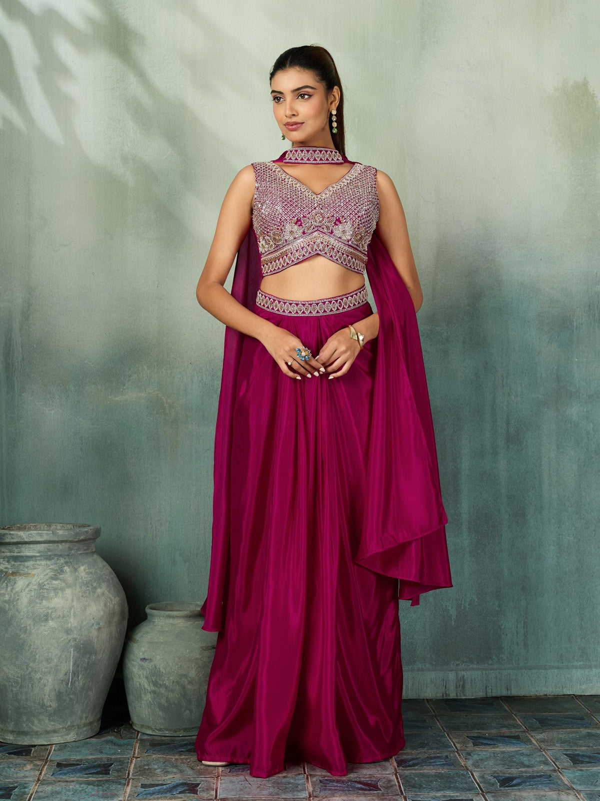Berry Red Embellished Crepe Satin Silk Skirt Set