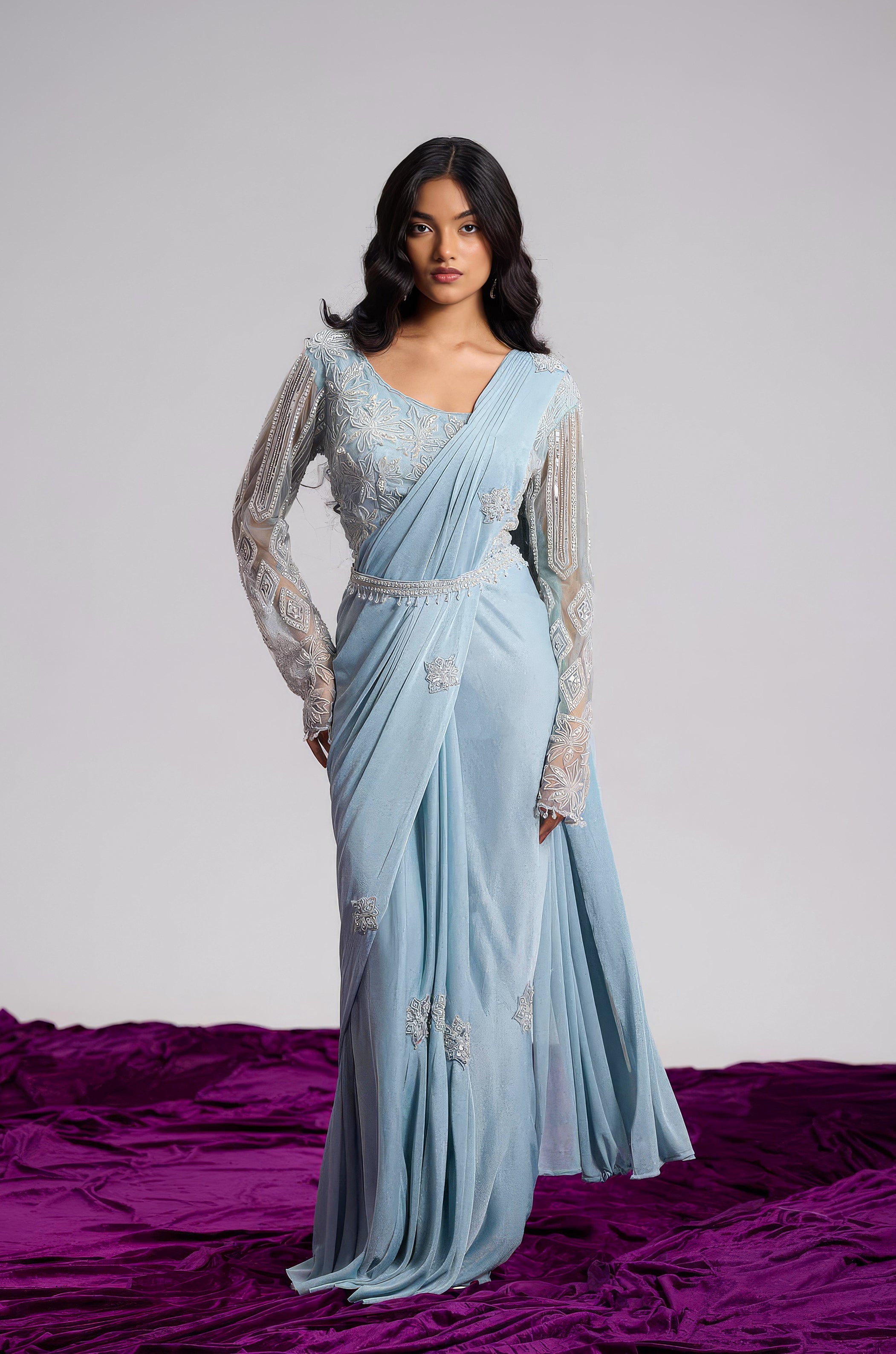 Powder Blue Embellished Shimmer Lycra Silk Draped Saree