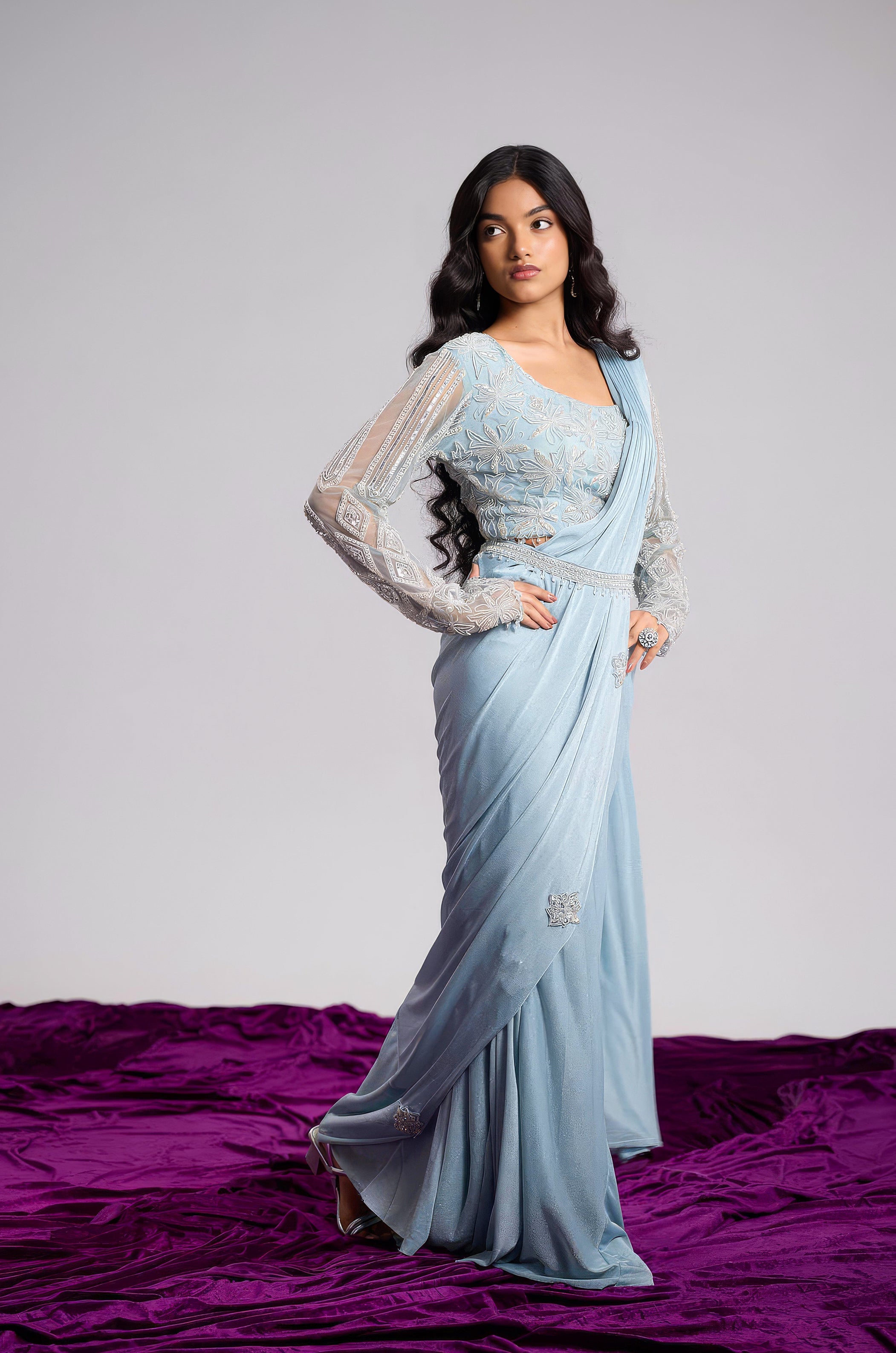 Powder Blue Embellished Shimmer Lycra Silk Draped Saree