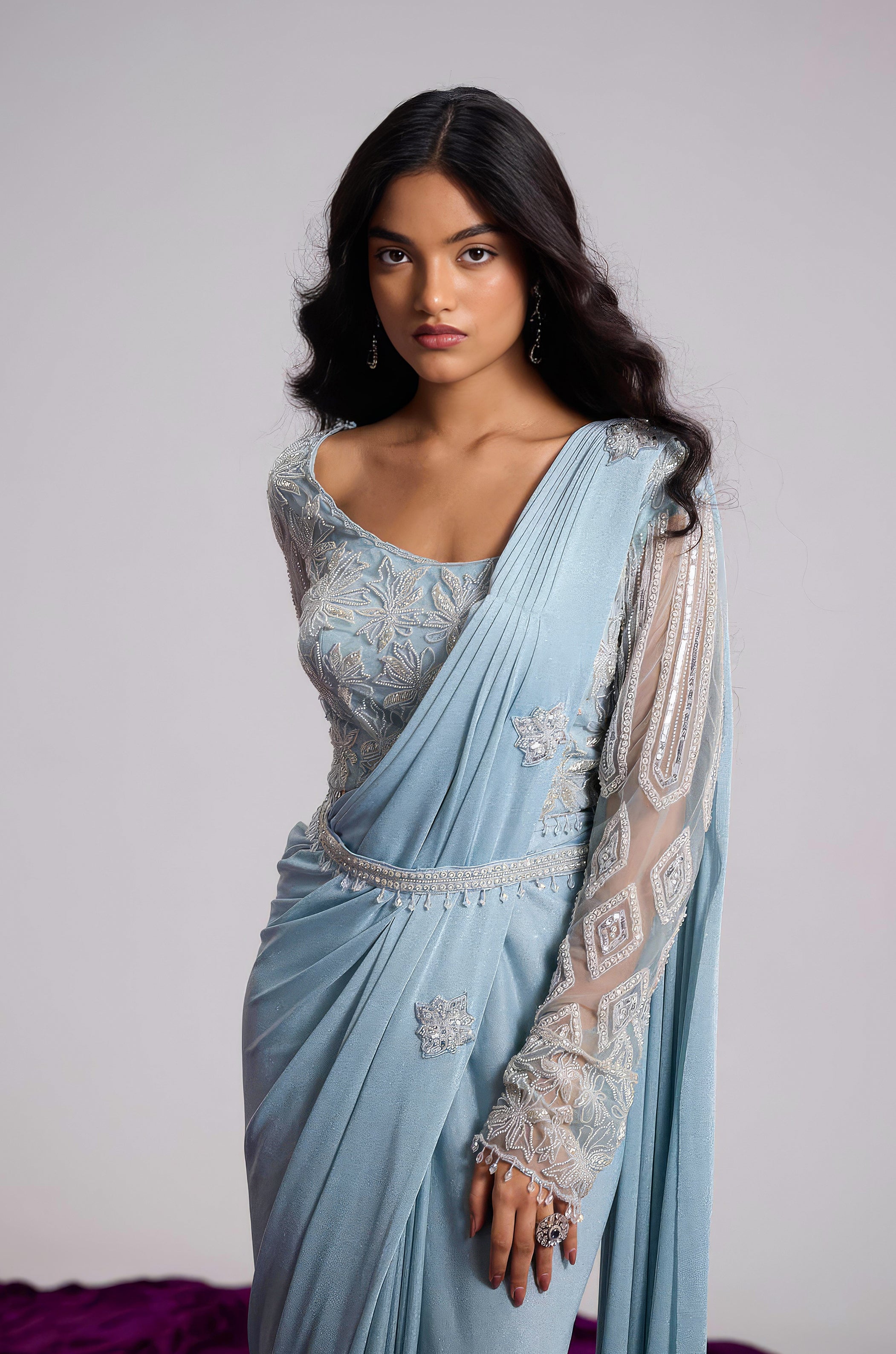 Powder Blue Embellished Shimmer Lycra Silk Draped Saree