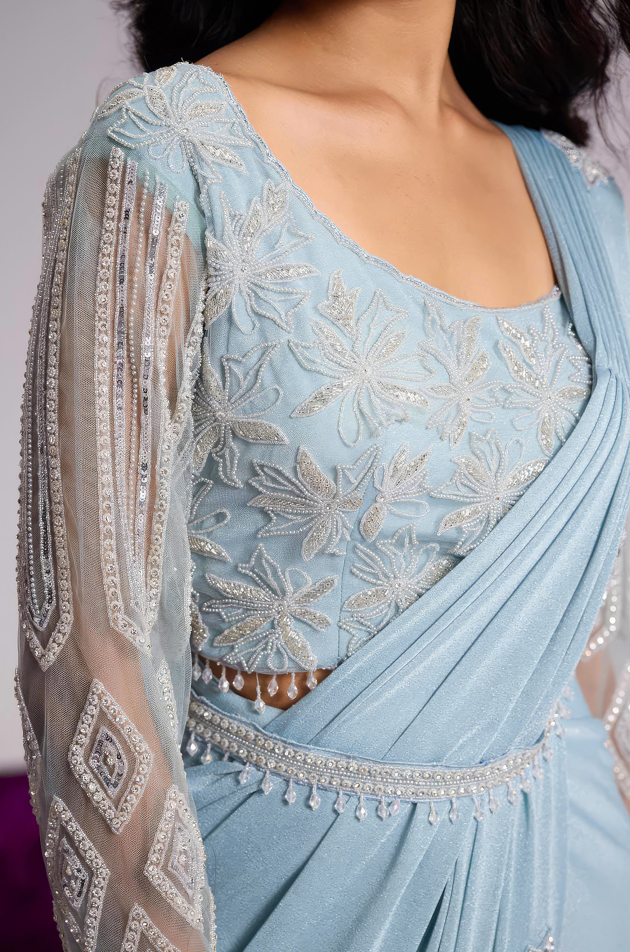 Powder Blue Embellished Shimmer Lycra Silk Draped Saree