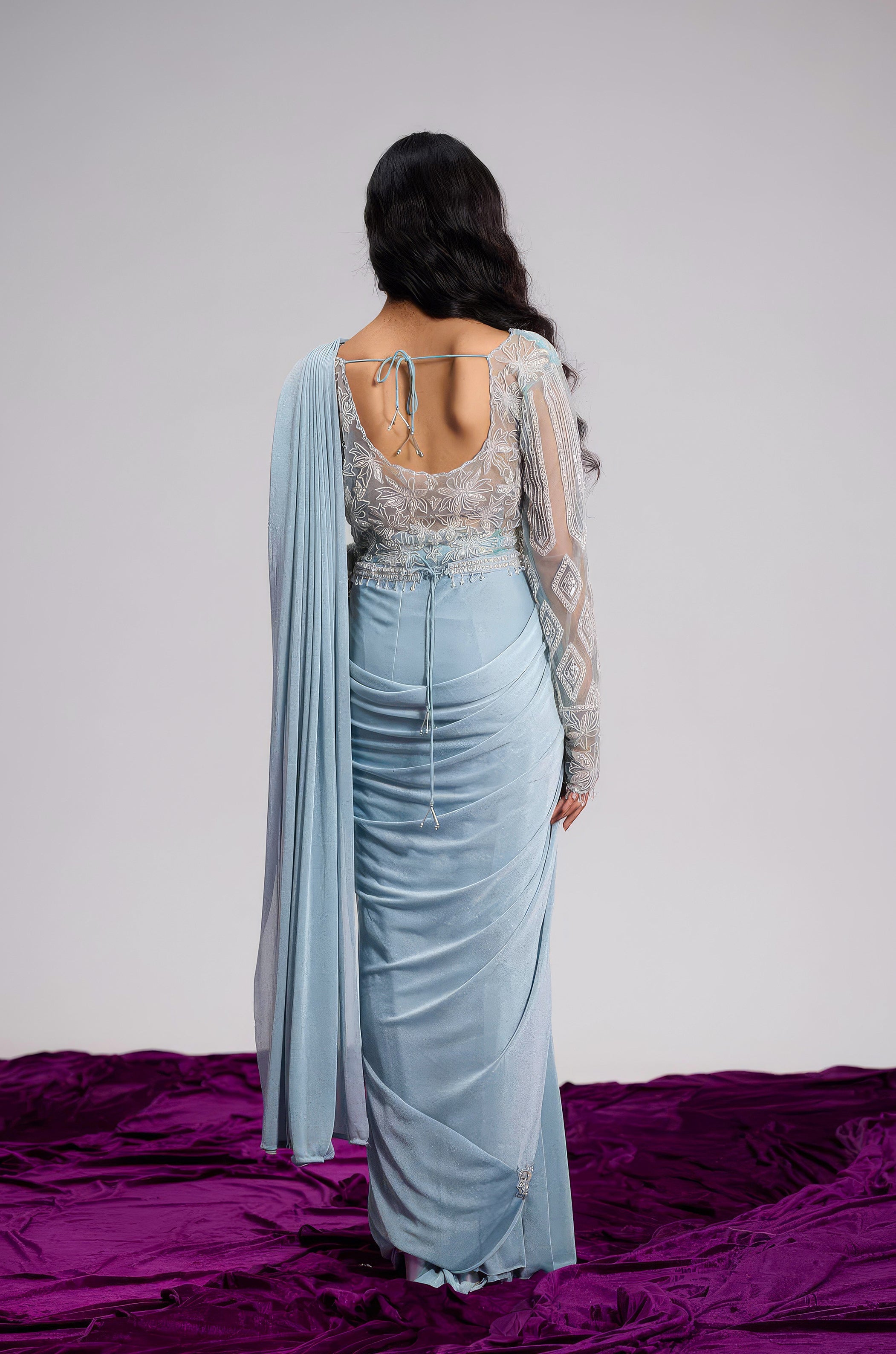 Powder Blue Embellished Shimmer Lycra Silk Draped Saree