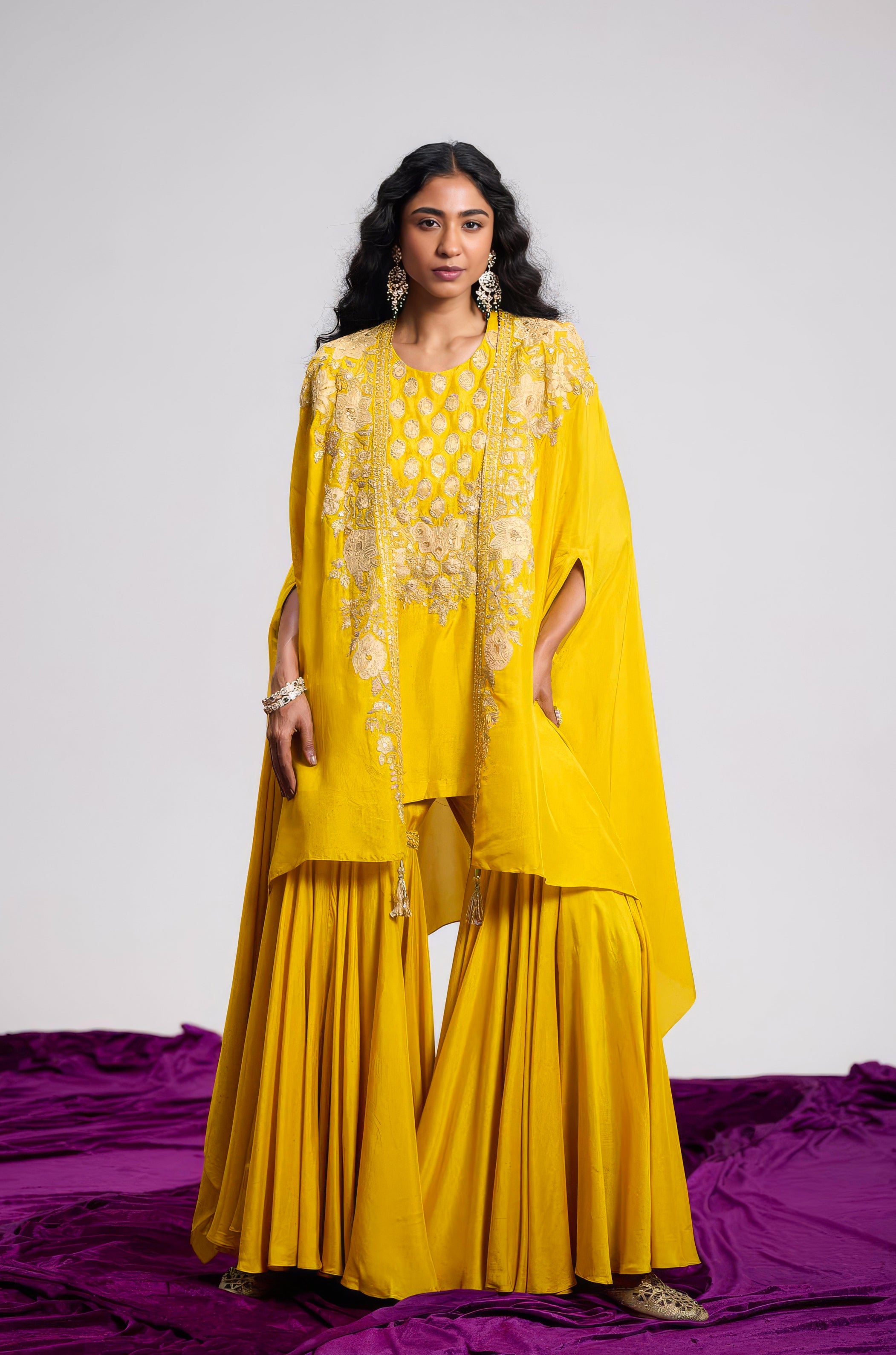 Mustard Yellow Embellished Premium Silk Sharara Set