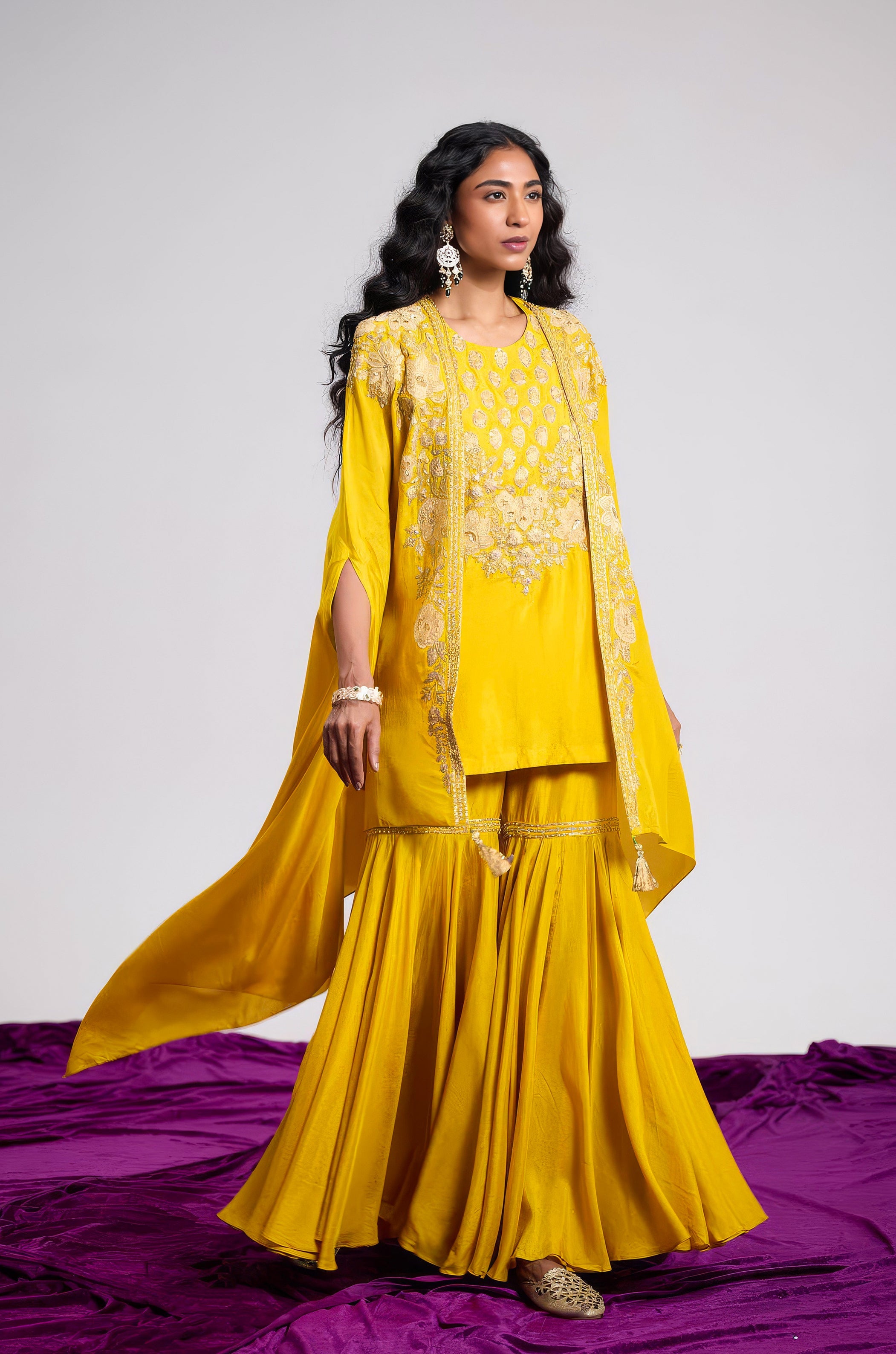 Mustard Yellow Embellished Premium Silk Sharara Set