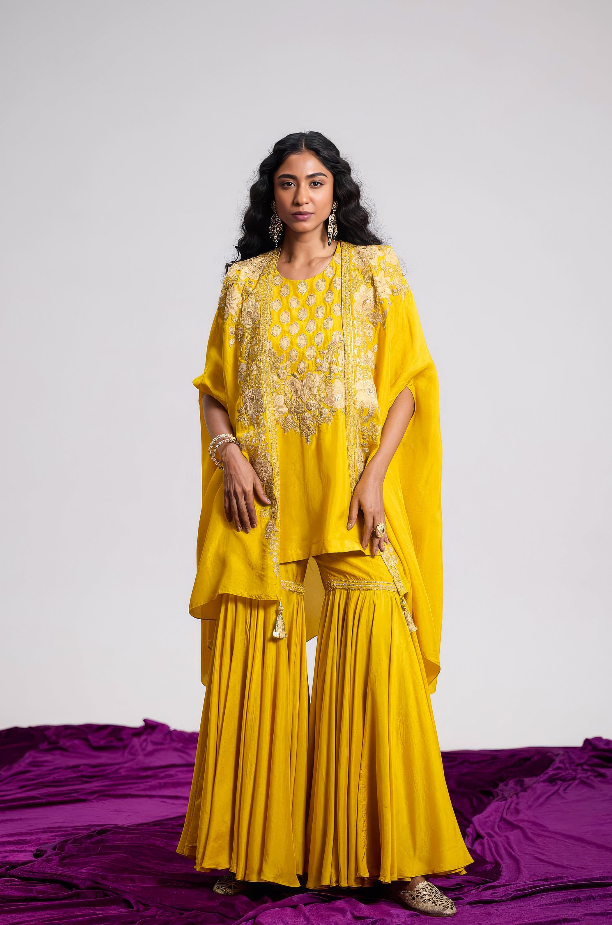 Mustard Yellow Embellished Premium Silk Sharara Set