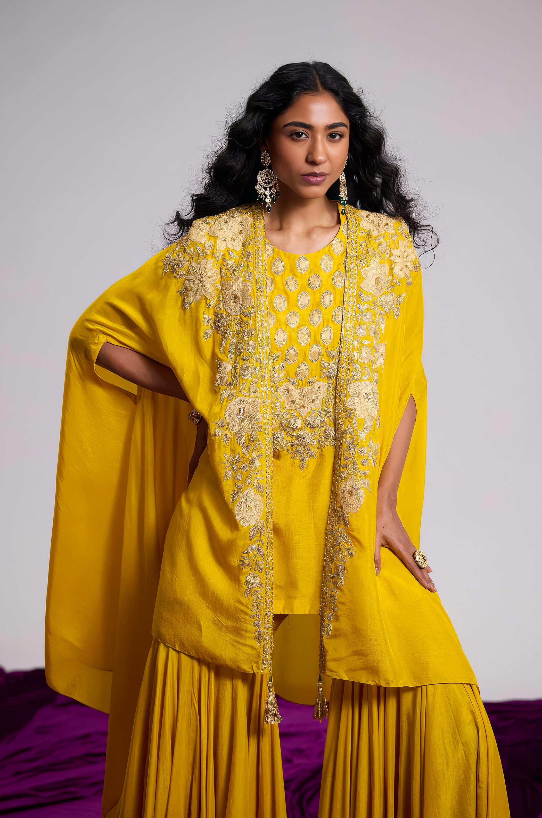 Mustard Yellow Embellished Premium Silk Sharara Set