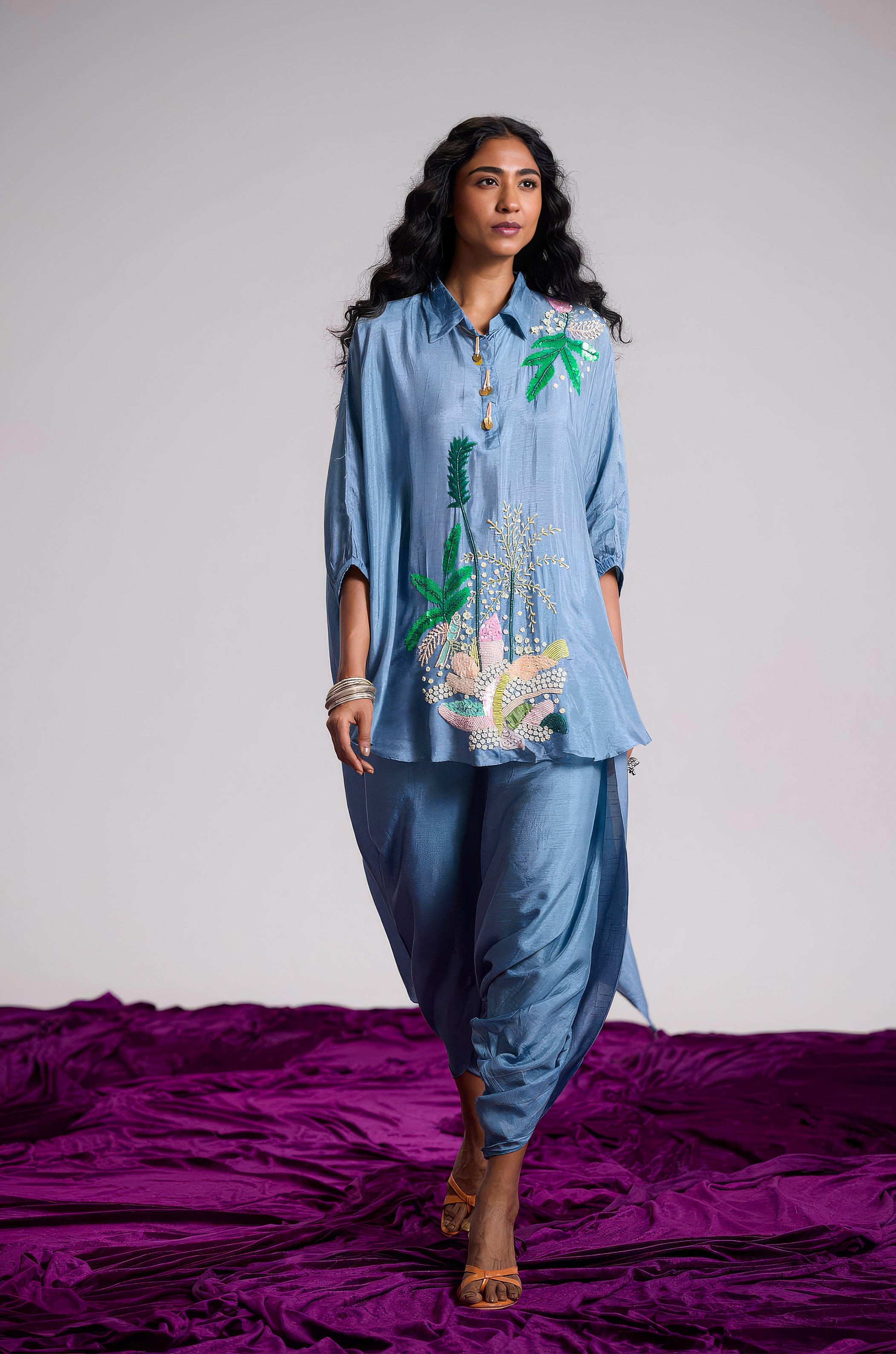 Dusty Blue Embellished Raw Silk Dhoti Set