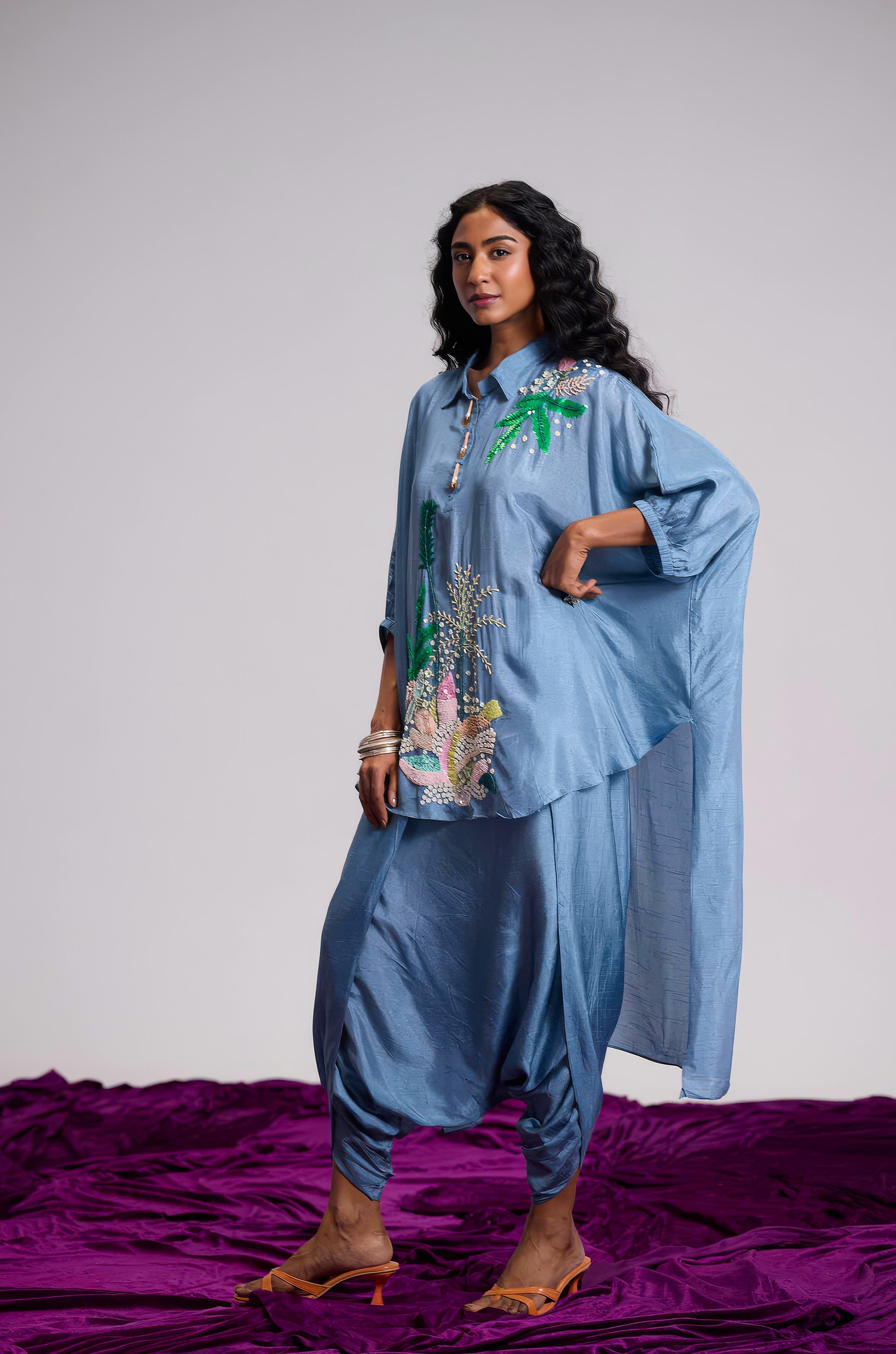 Dusty Blue Embellished Raw Silk Dhoti Set