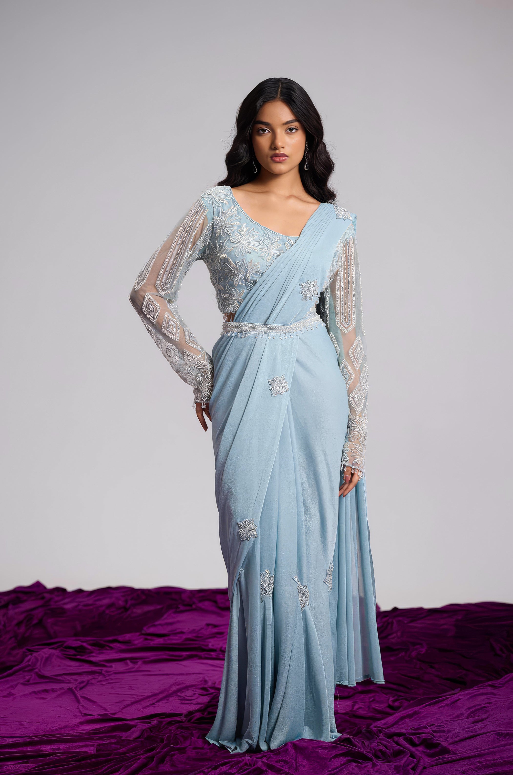 Powder Blue Embellished Shimmer Lycra Silk Draped Saree
