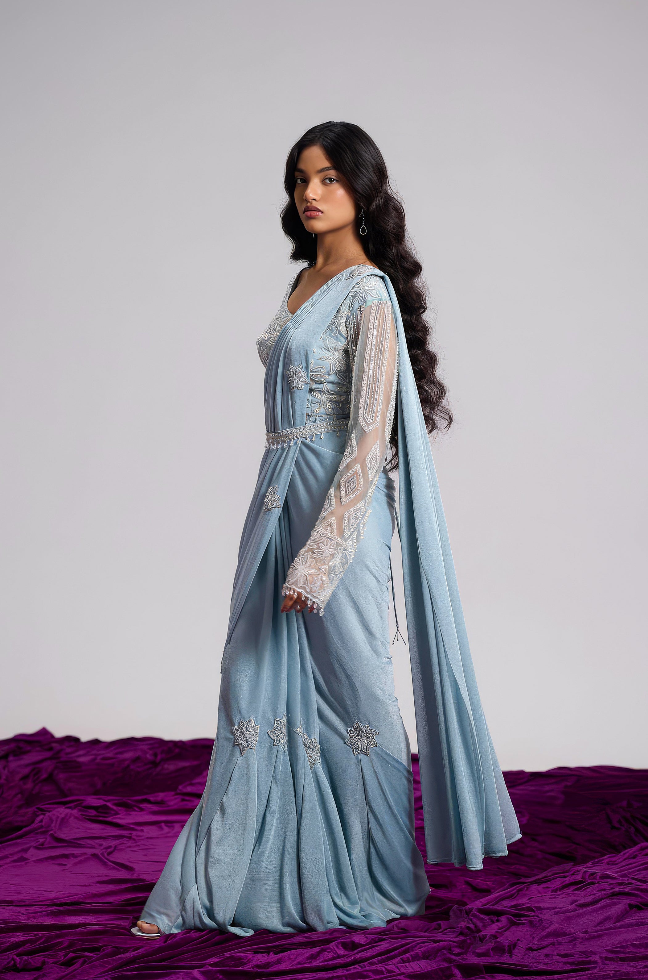 Powder Blue Embellished Shimmer Lycra Silk Draped Saree