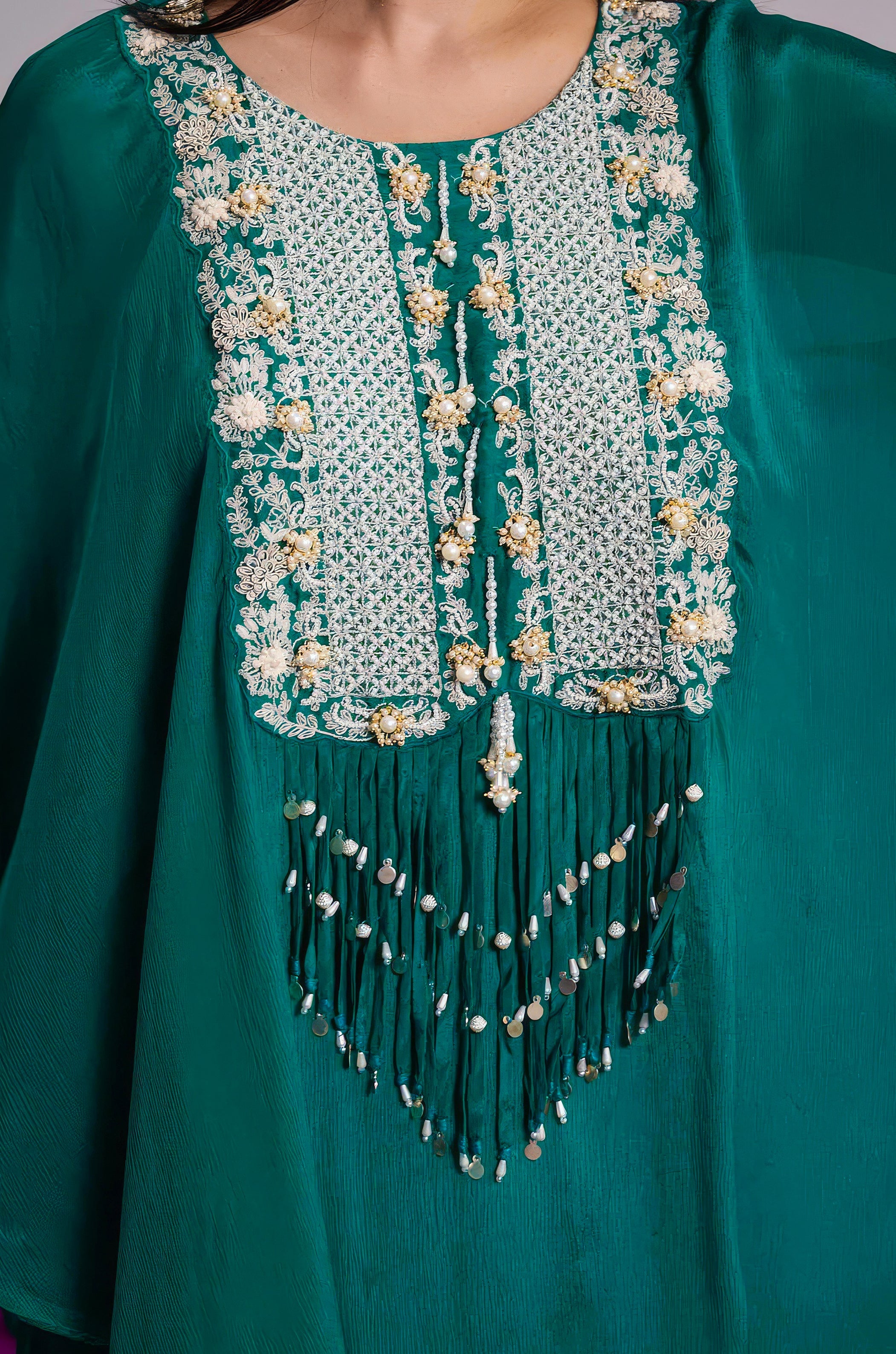 Emerald Green Embellished Chinon Silk Kaftan Set