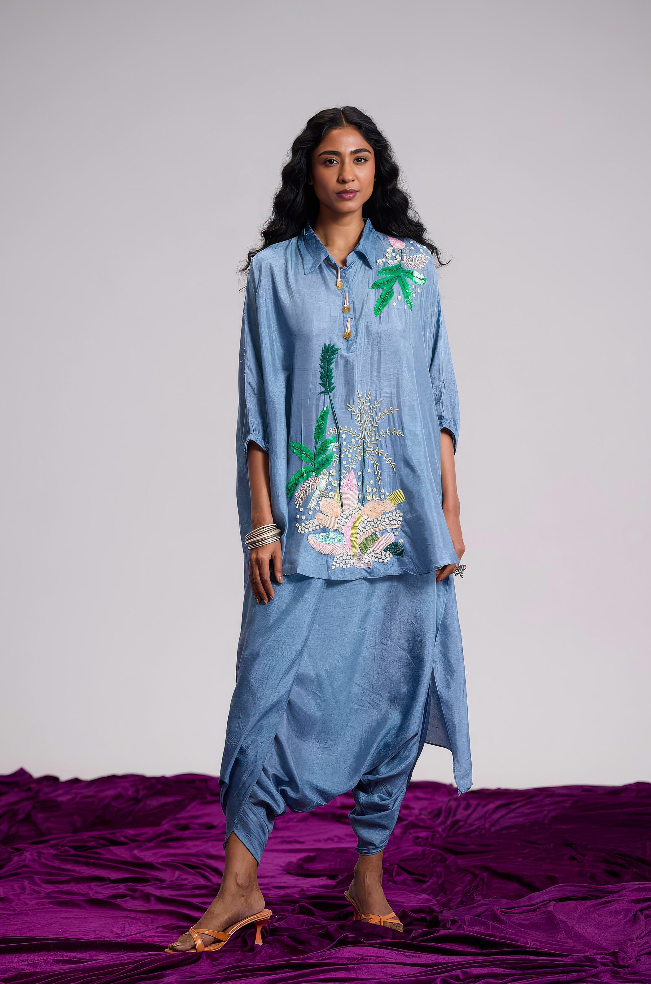 Dusty Blue Embellished Raw Silk Dhoti Set