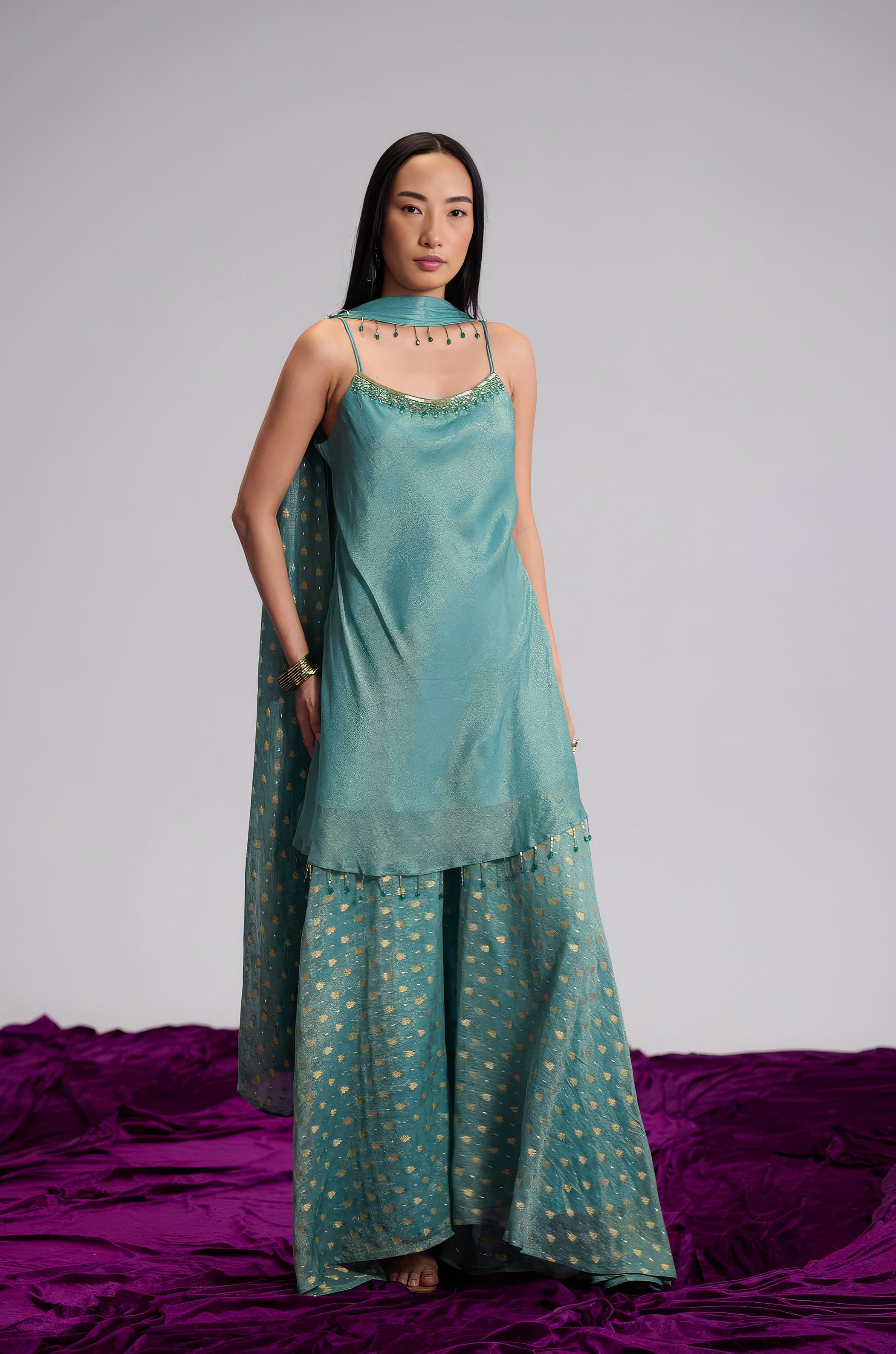 Teal Blue Embellished Shimmer Tissue Silk Palazzo Set