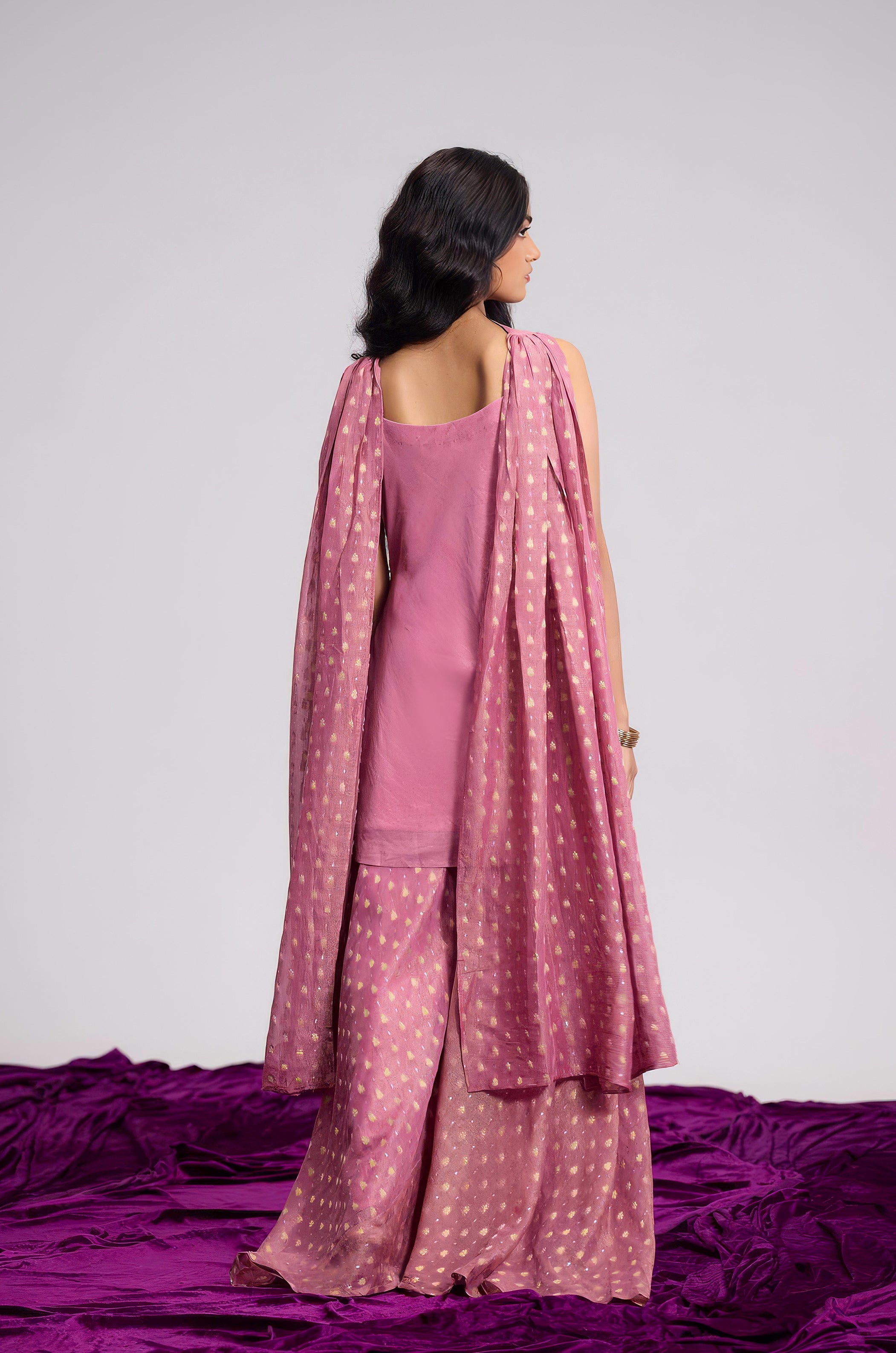 Rosewood Pink Embellished Shimmer Tissue Silk Palazzo Set