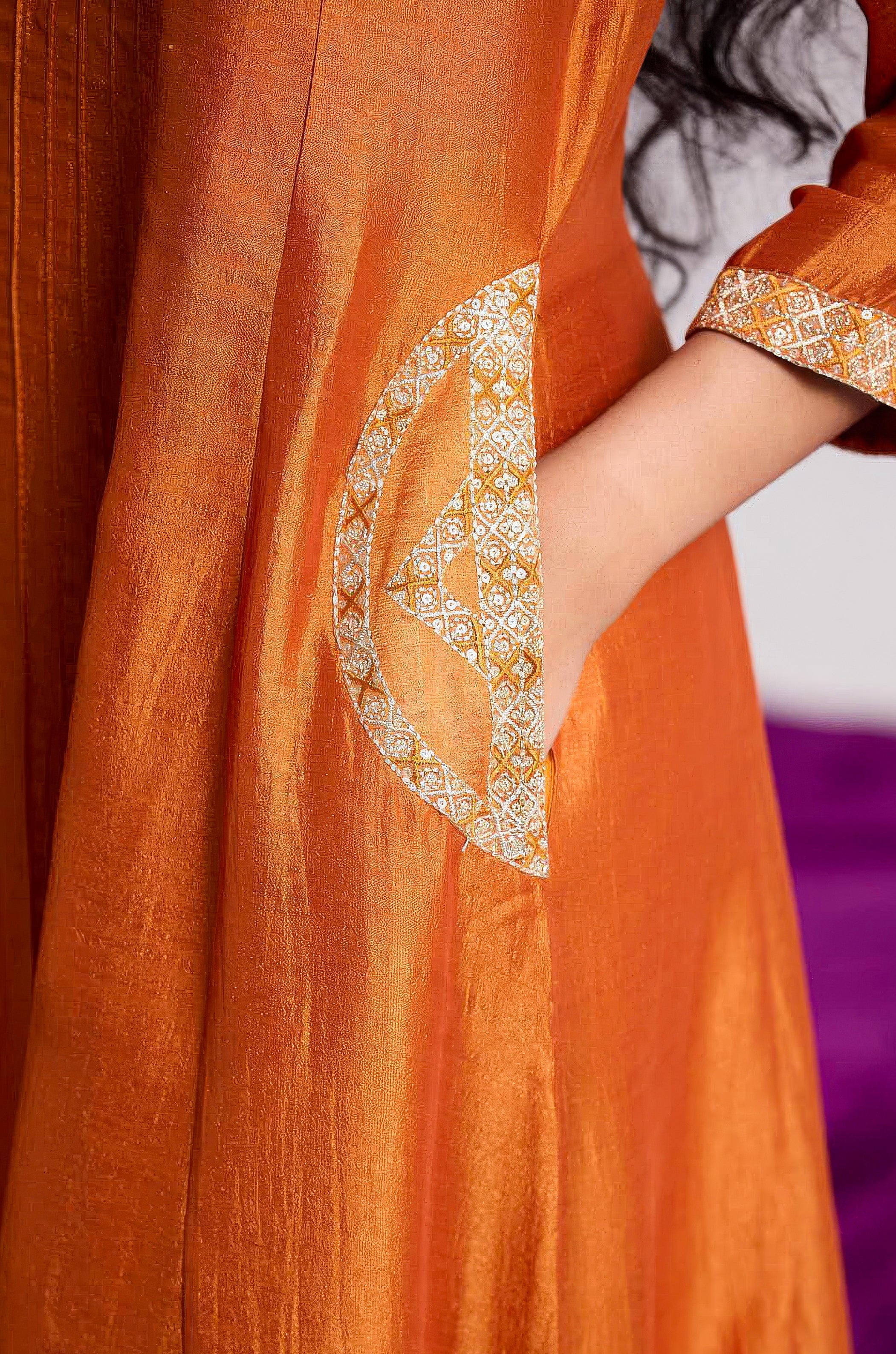 Rust Orange Embellished Chinon Silk Pant Set