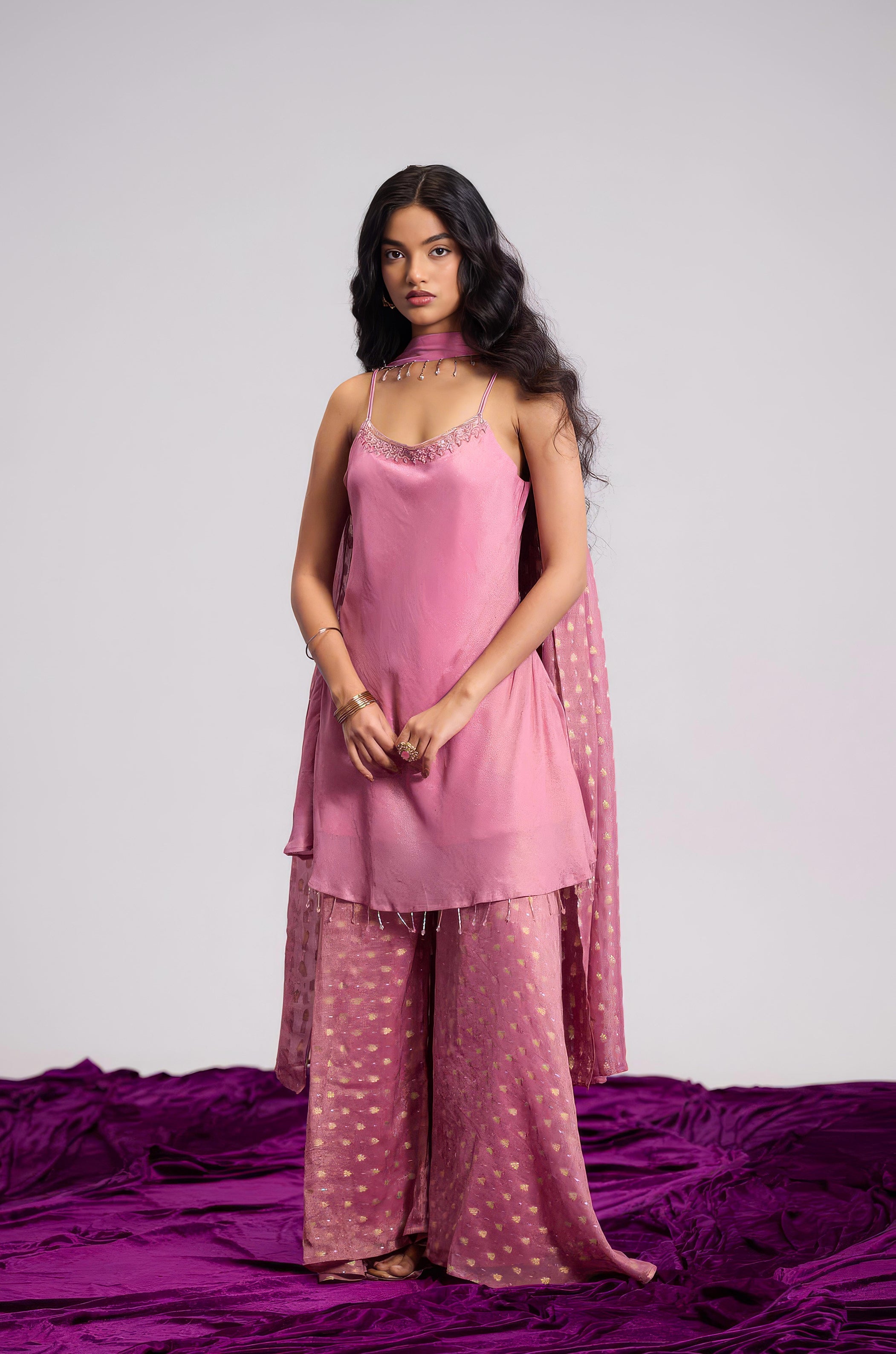 Rosewood Pink Embellished Shimmer Tissue Silk Palazzo Set