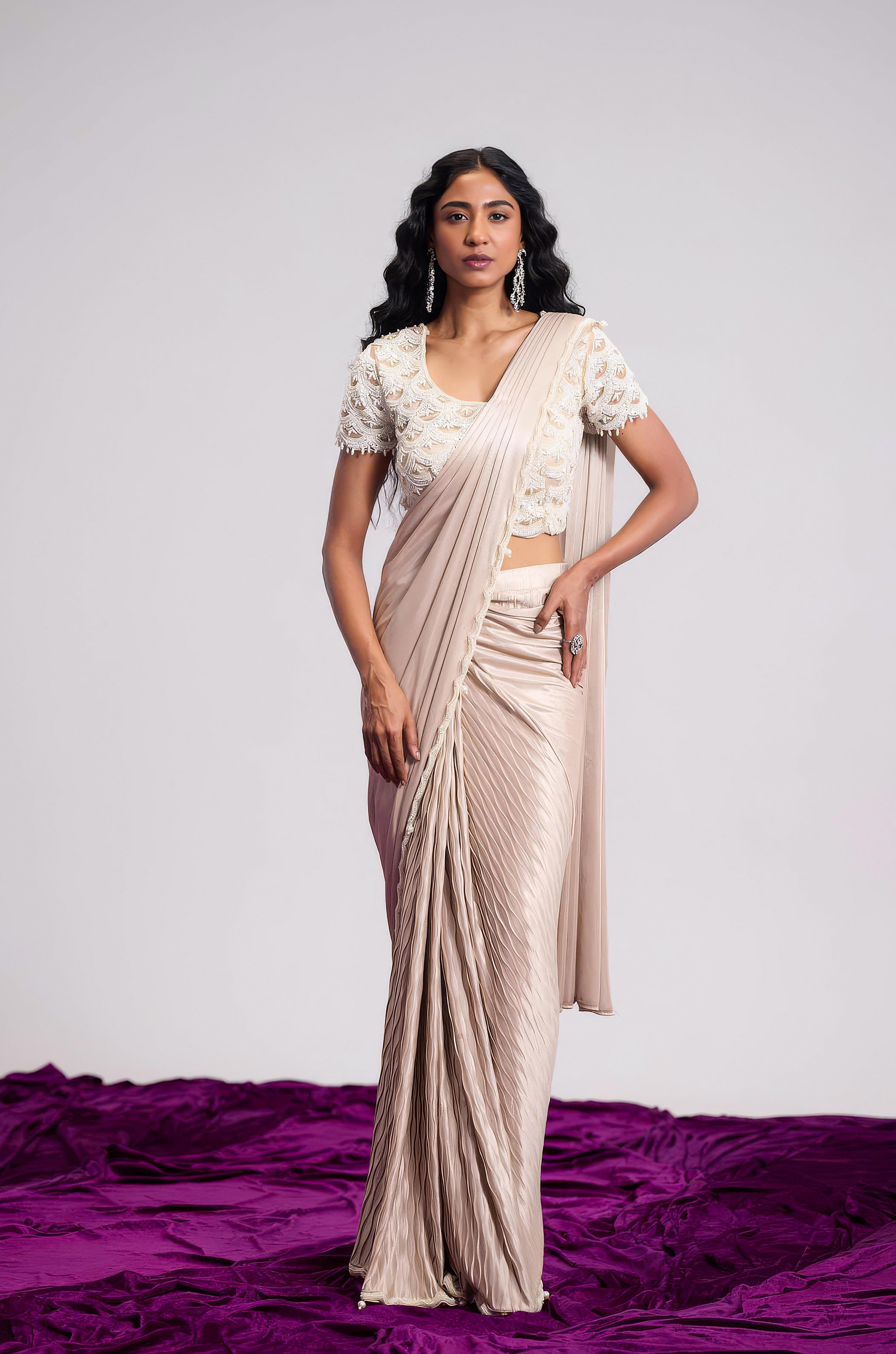 Champagne Beige Embellished Premium Silk Draped Saree