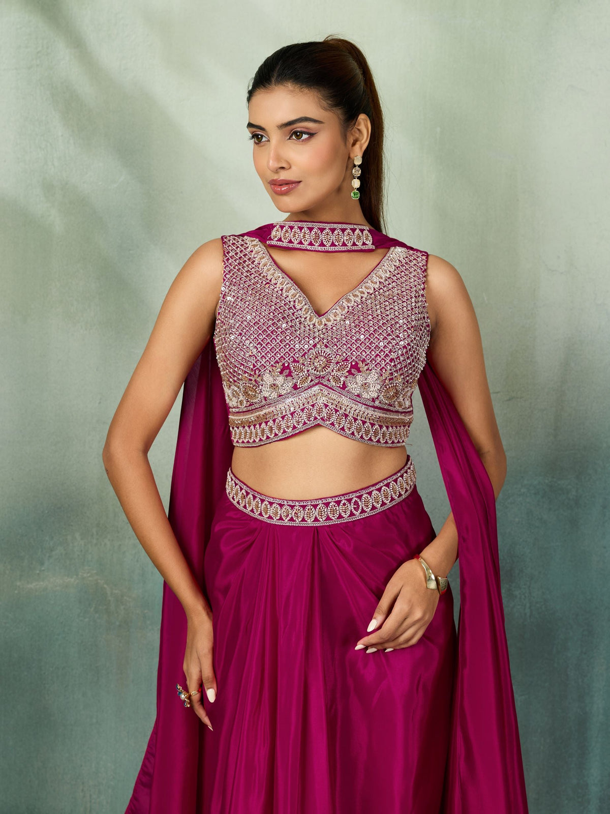 Berry Red Embellished Crepe Satin Silk Skirt Set
