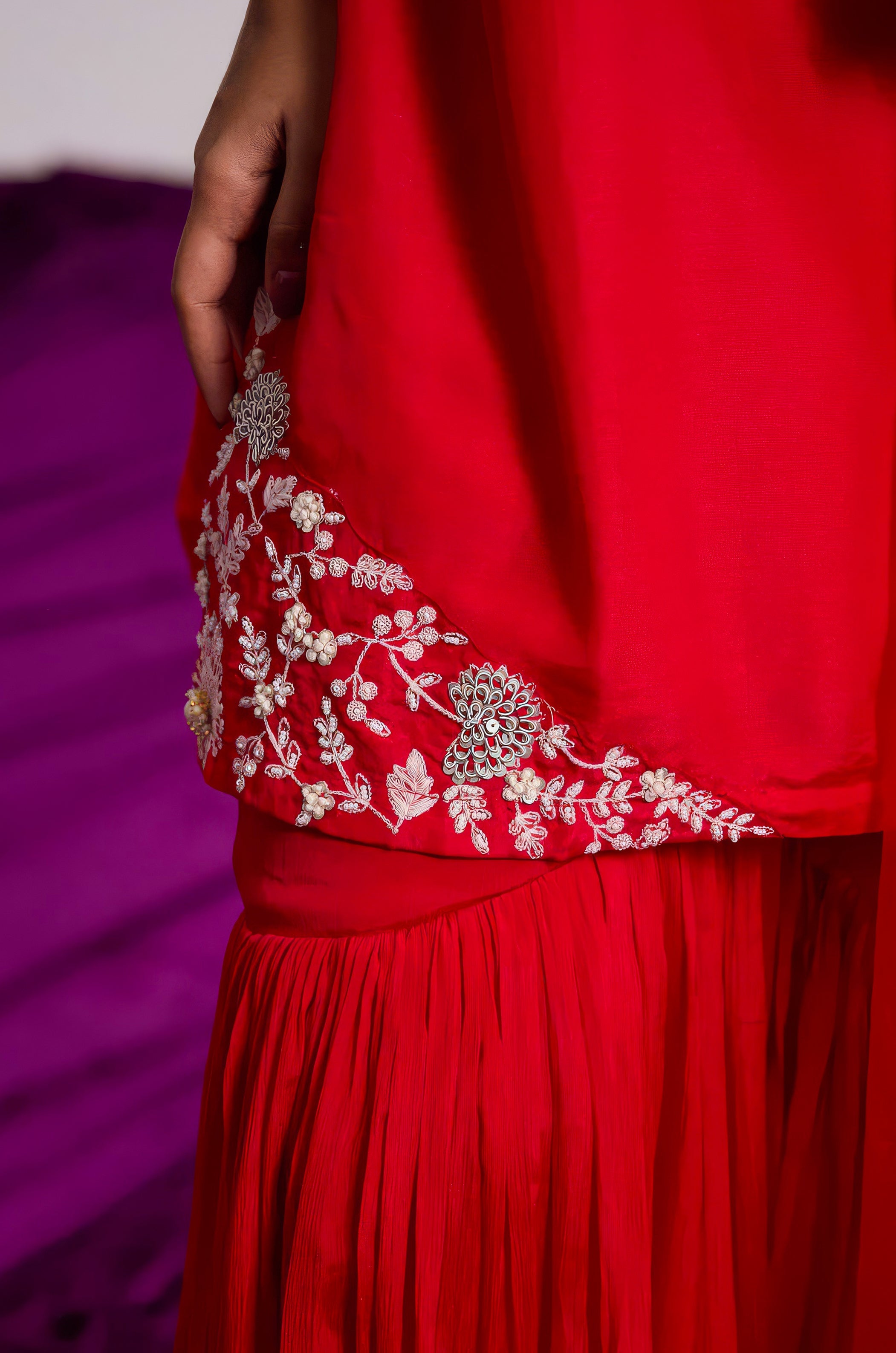 Ruby Red Embellished Raw Silk Sharara Set