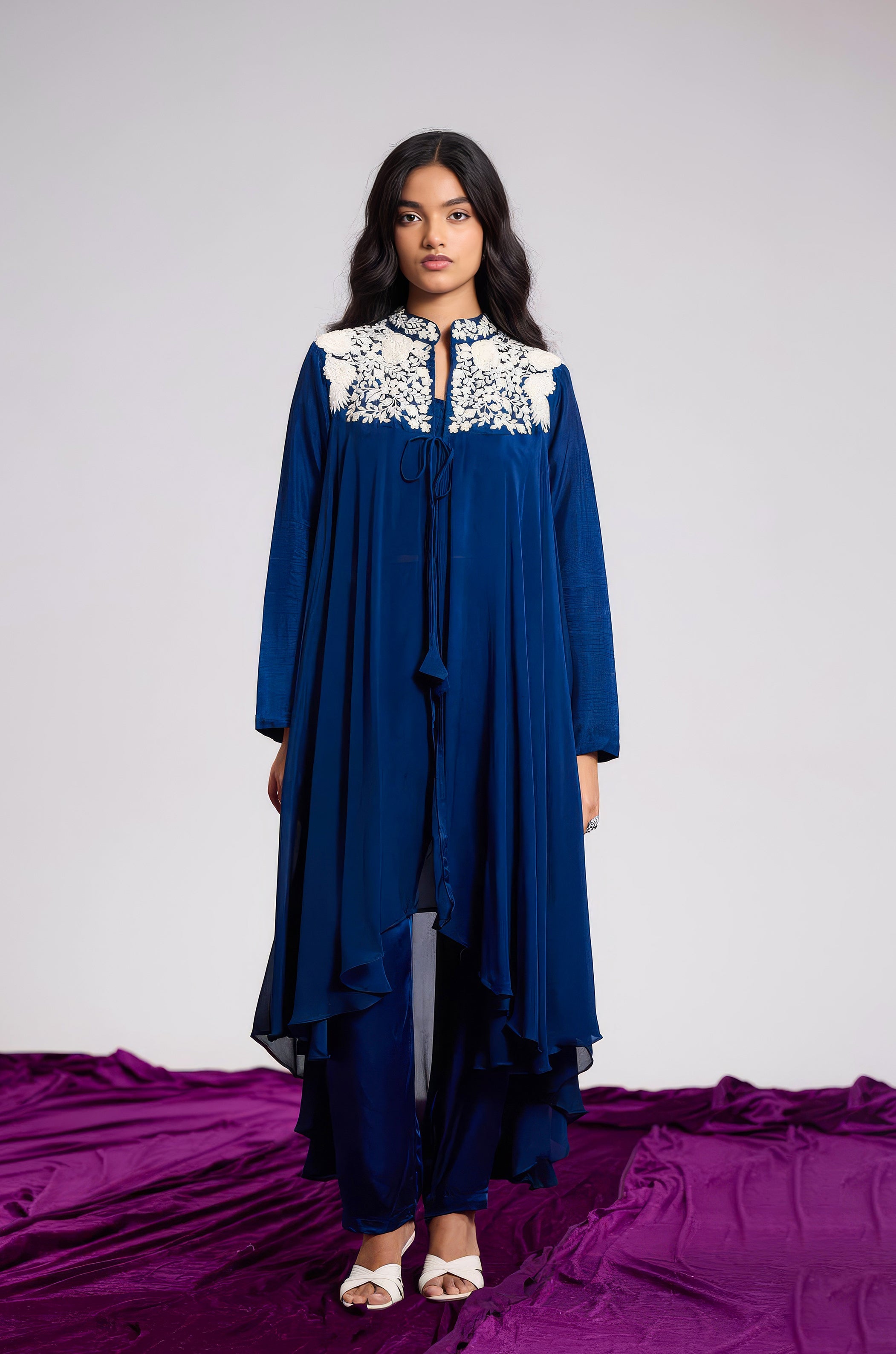 Deep Blue Embroidered Chinon Silk Co-Ord Set