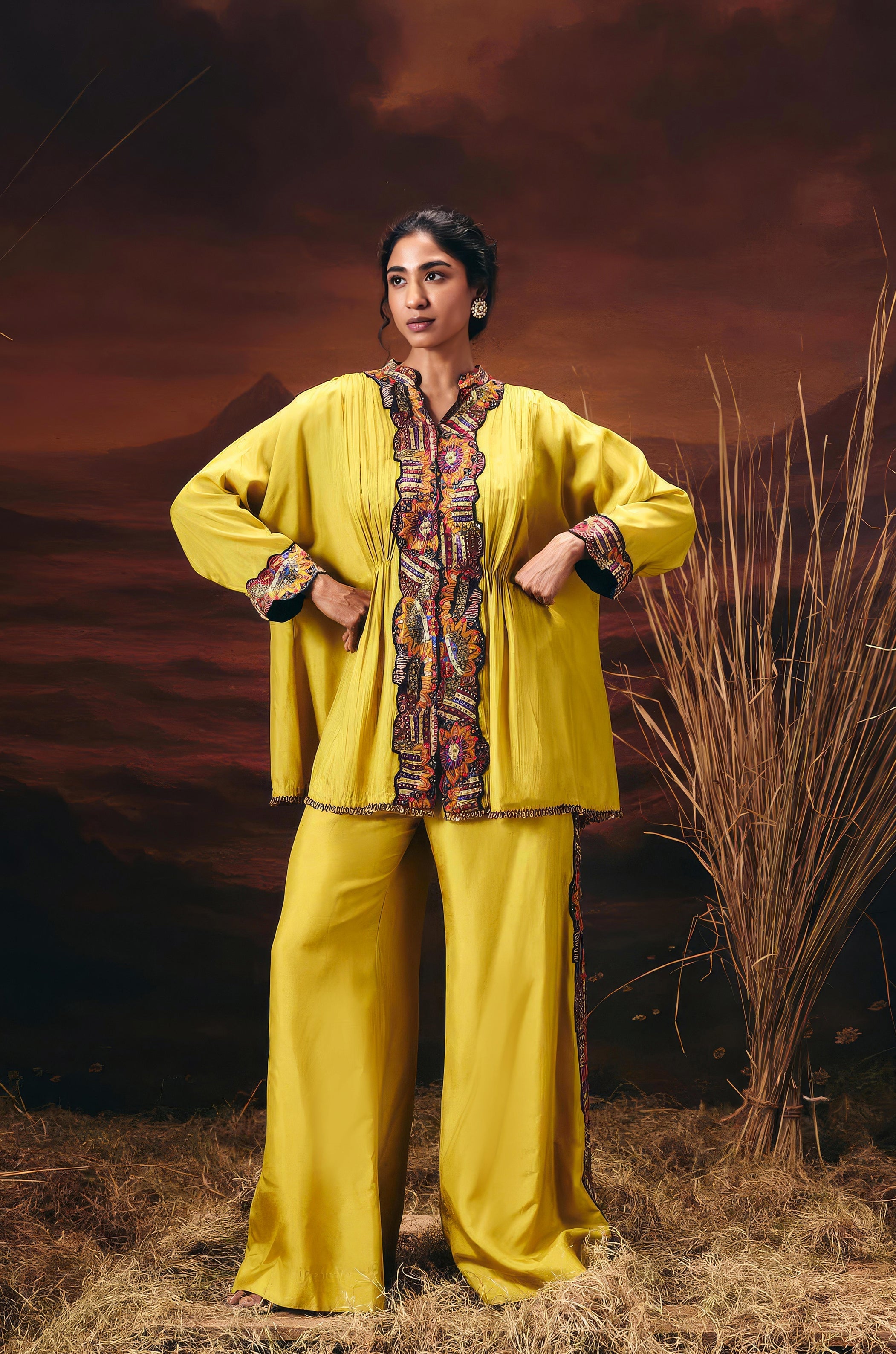 Mustard Yellow Embellished Chinon Silk Kaftan Set