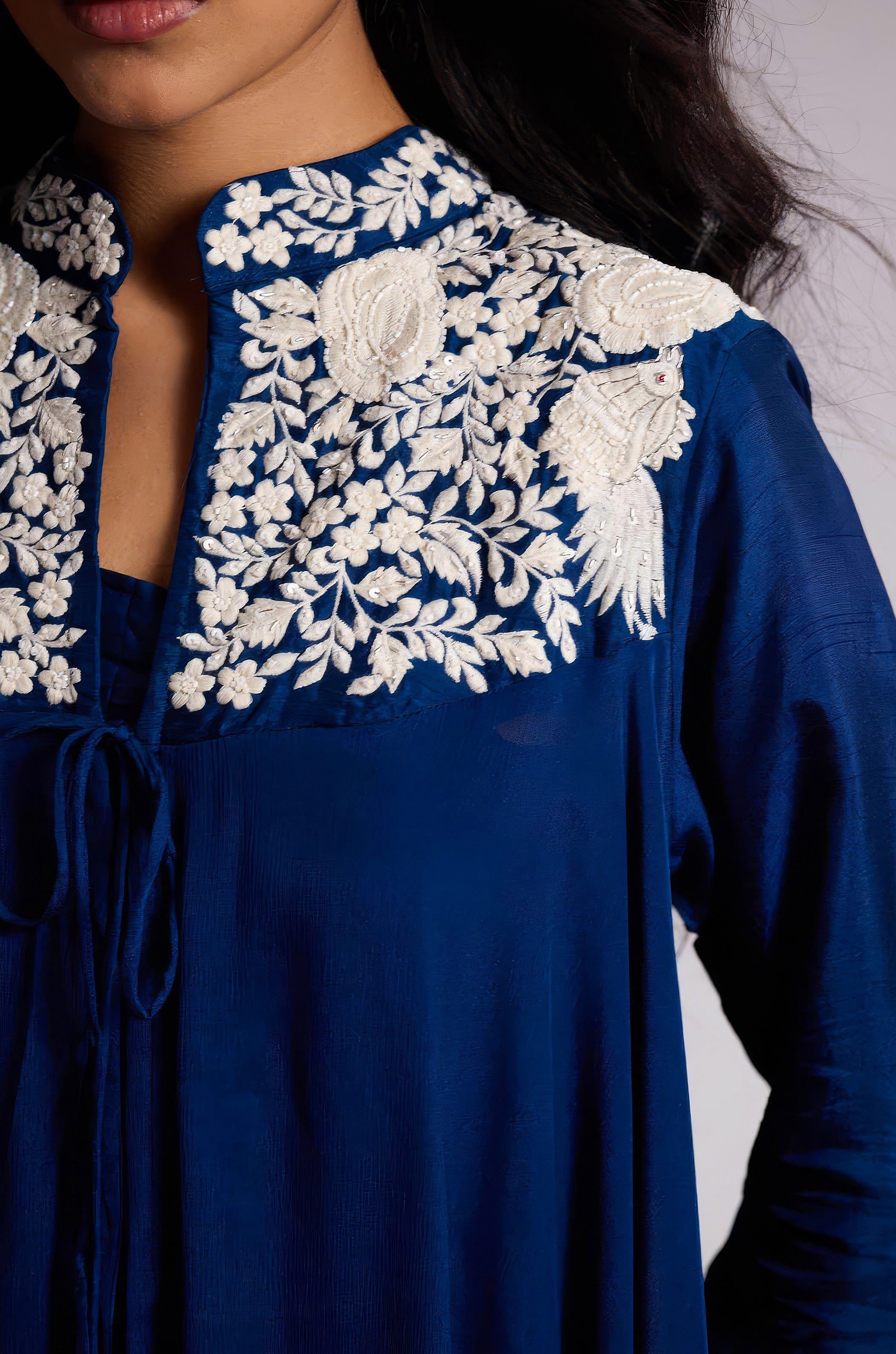 Deep Blue Embroidered Chinon Silk Co-Ord Set