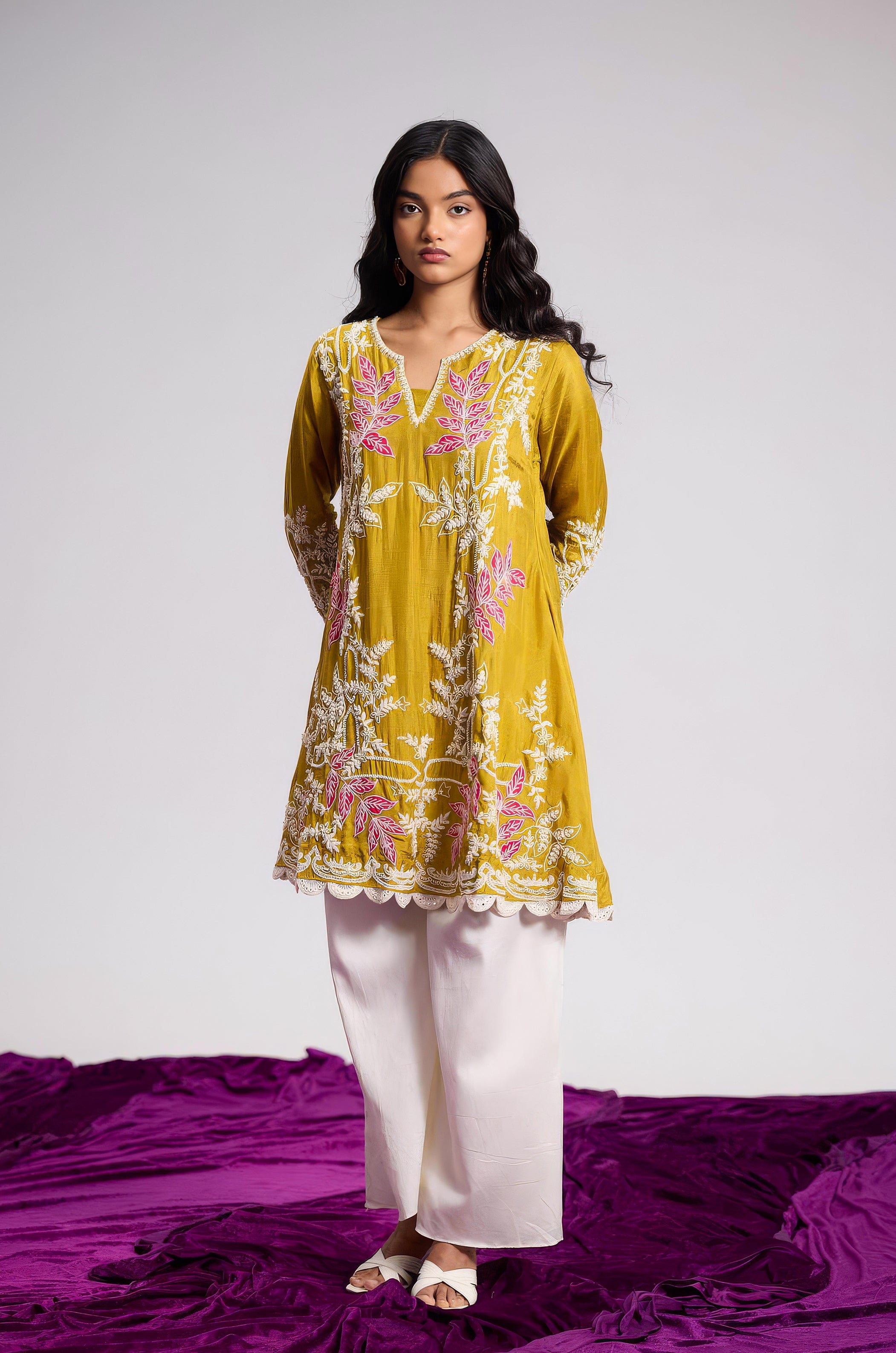 Mustard Yellow Embellished Raw Silk Palazzo Set
