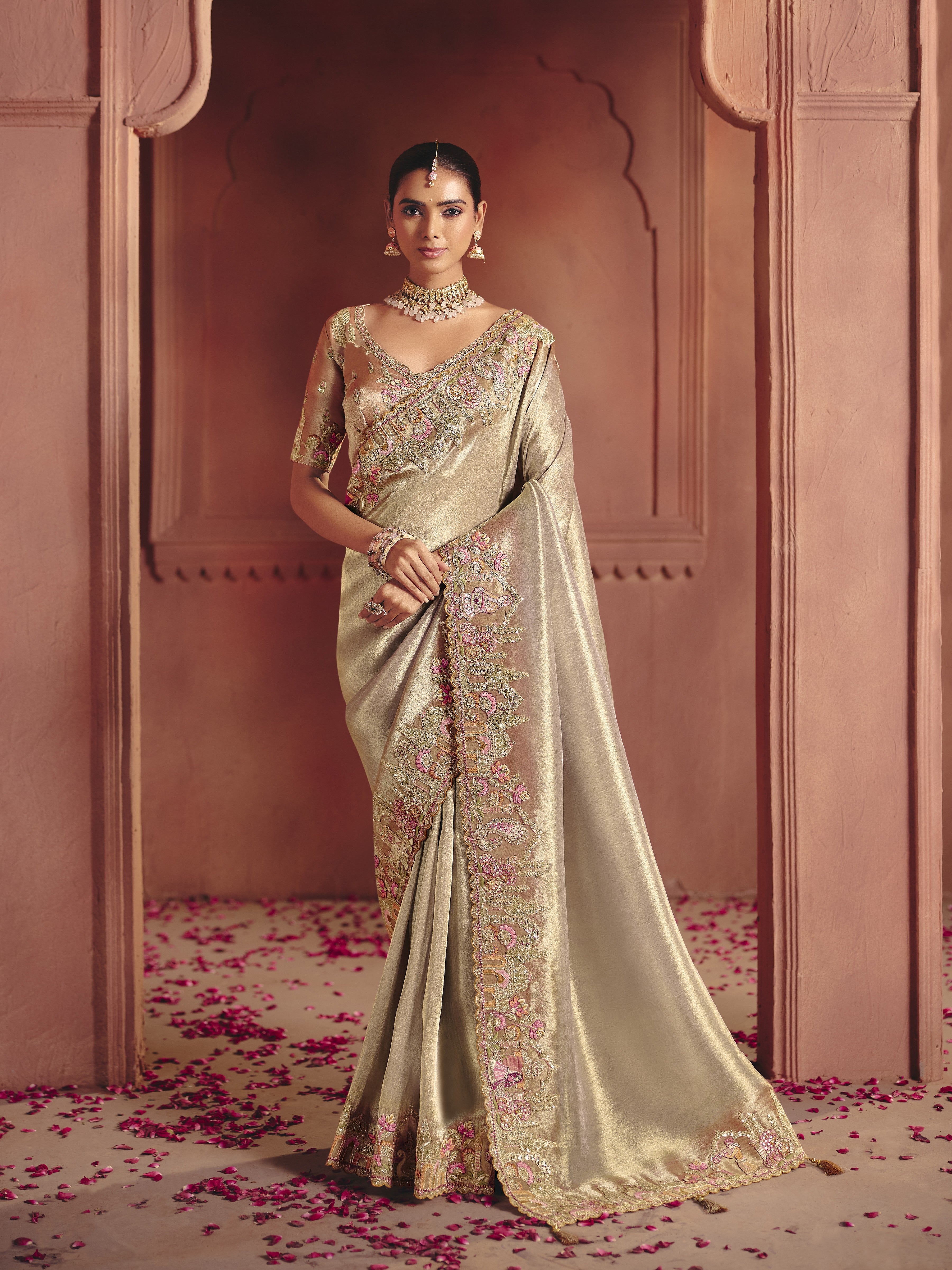 Antique Gold Embellished Shimmer Tissue Silk Saree