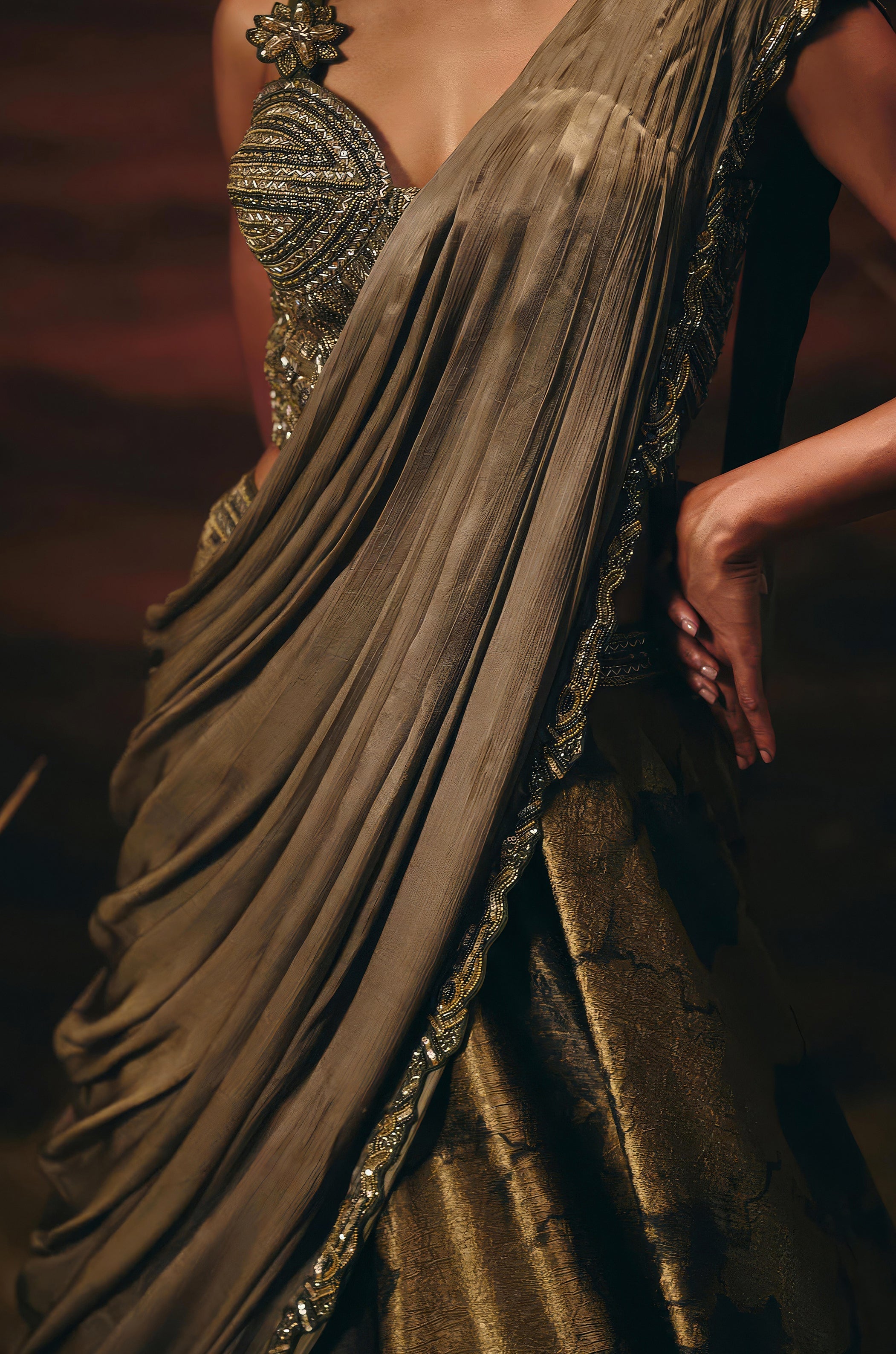 Olive Bronze Embellished Tissue Paper Silk Lehenga Set