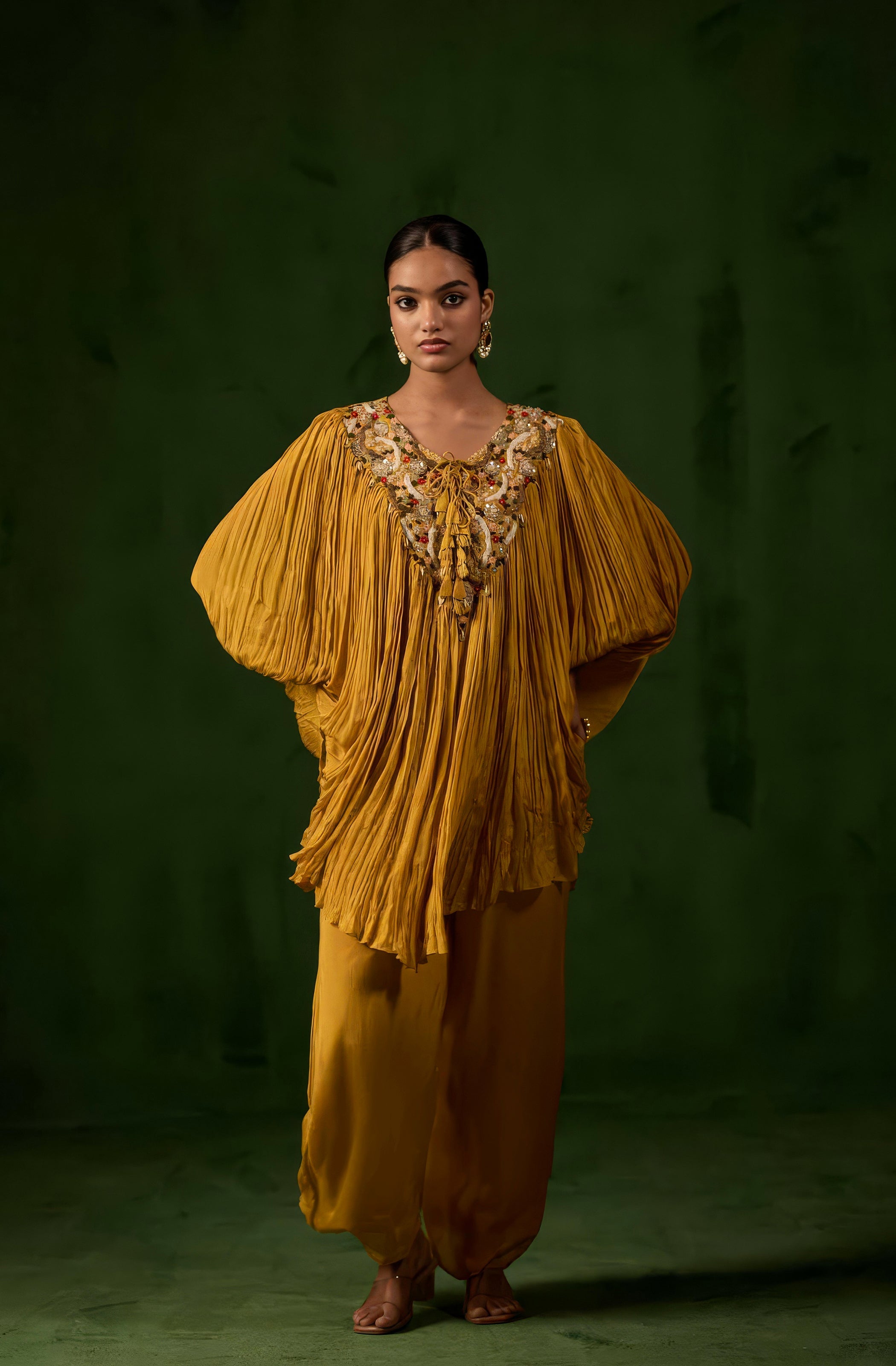 Honey Gold Embellished Chinon Silk Kaftan Co-Ord Set
