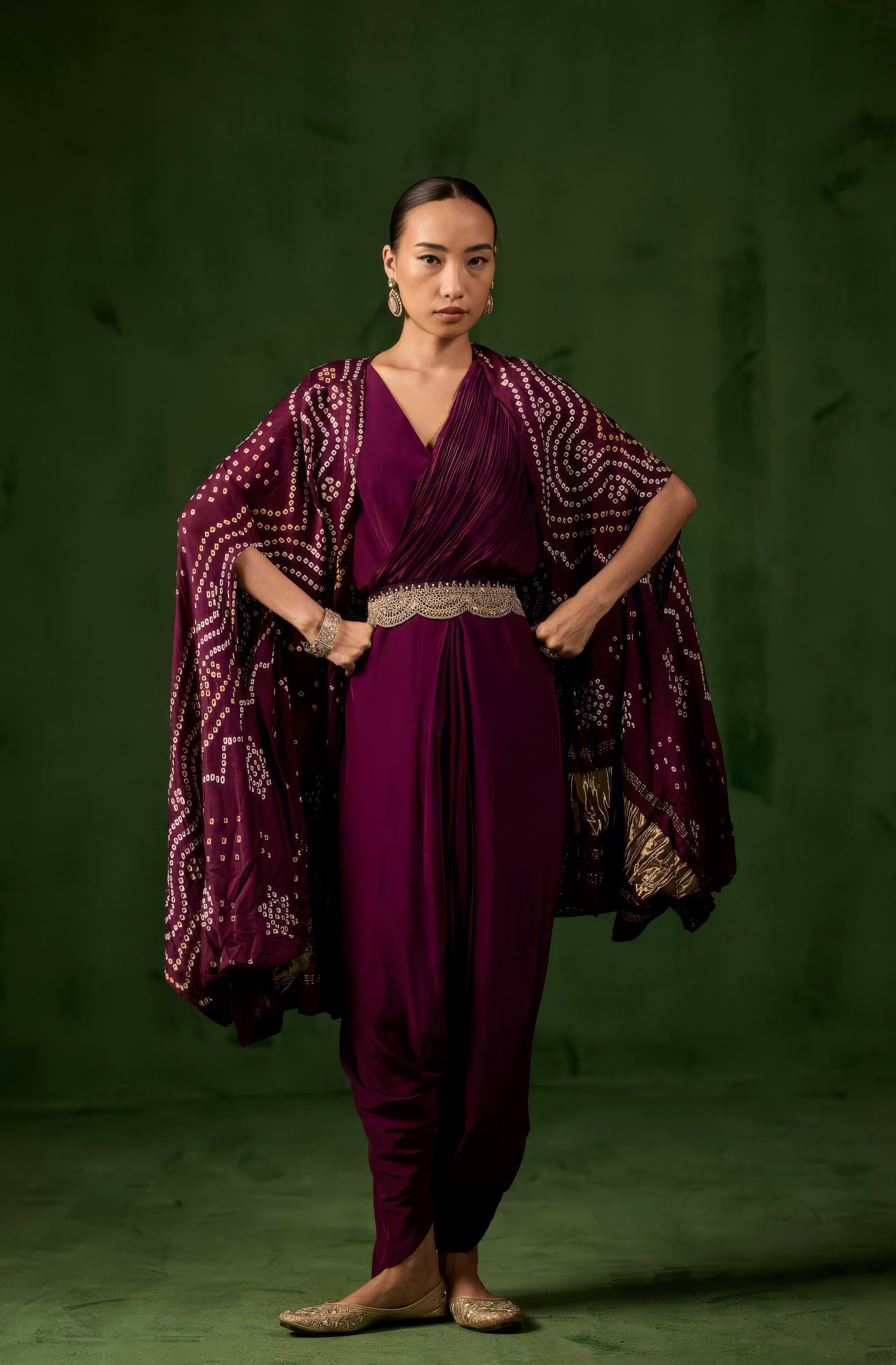 Wine Purple Embellished Satin Silk Draped Gown