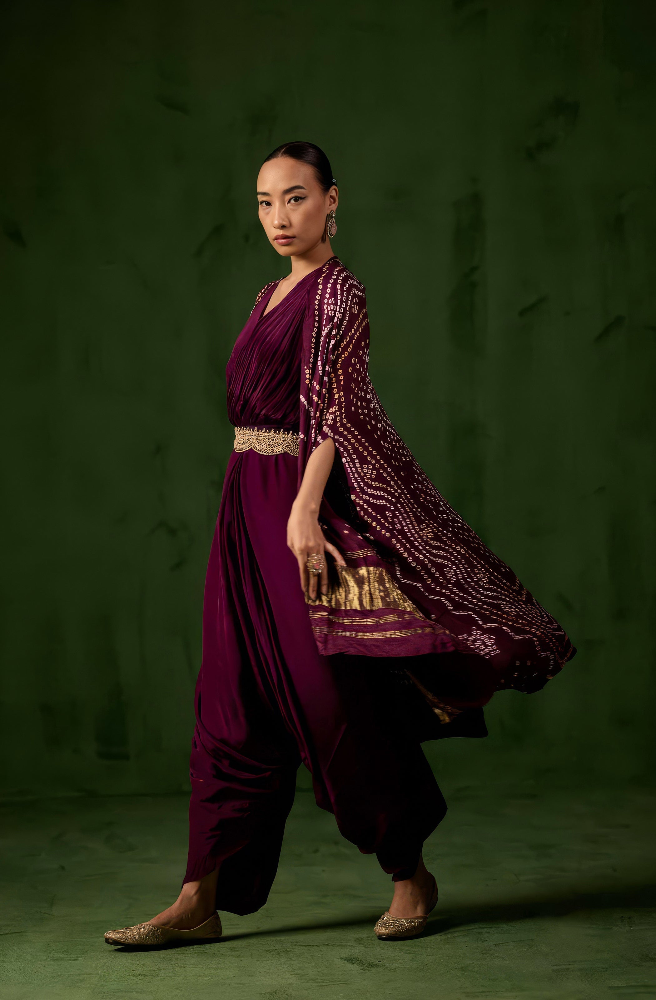 Wine Purple Embellished Satin Silk Draped Gown