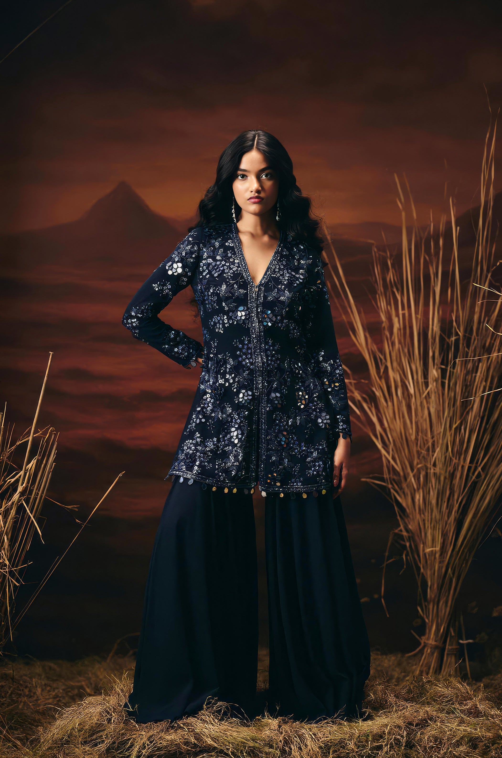 Twilight Blue Embellished Georgette Silk Sharara Set